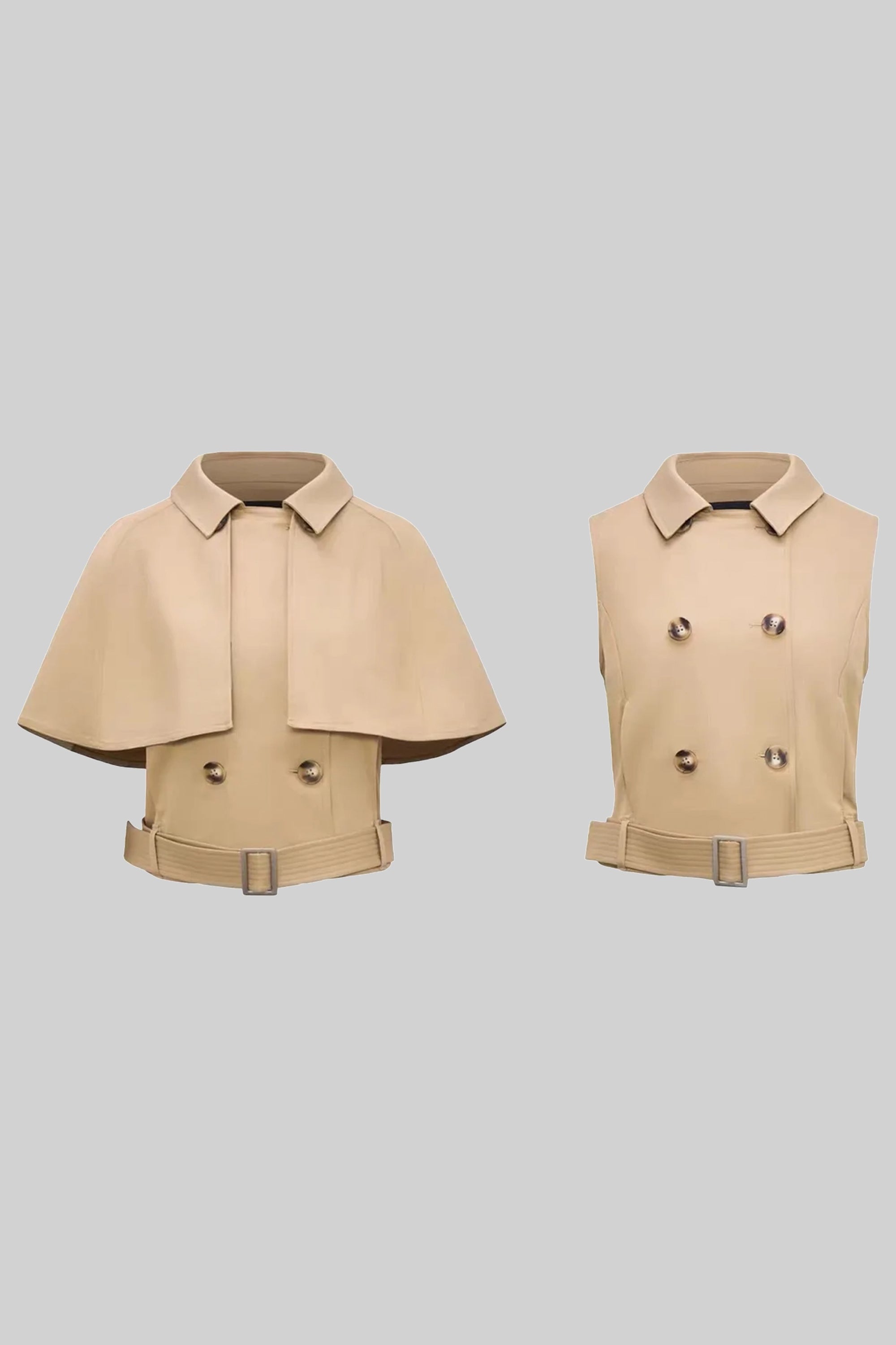 Double-Breasted Top With Spread Collar And Detachable Cape - Khaki