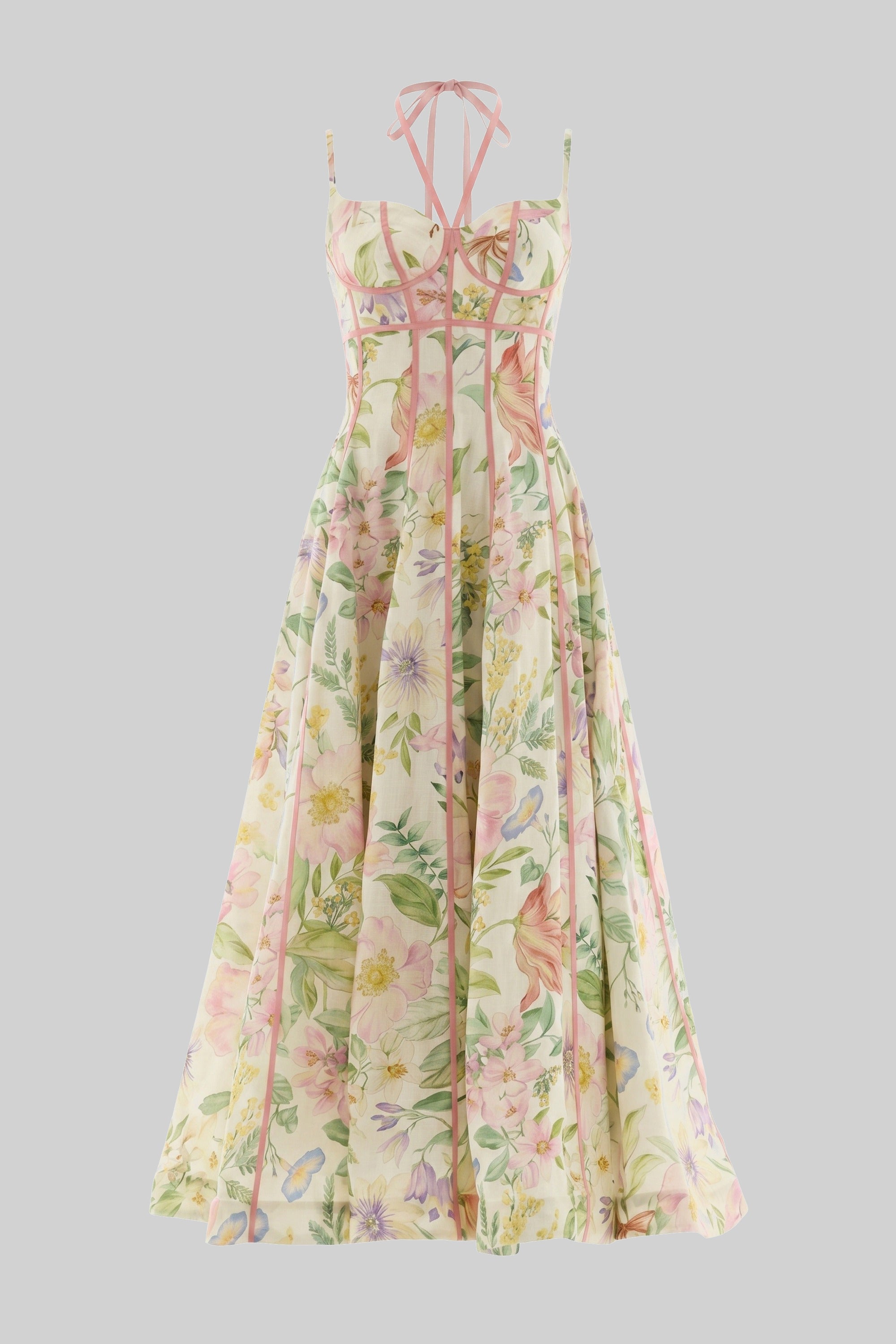 Sweetheart Corset Midi Dress With Floral Print And Pink Ribbon Trim - Multicolor