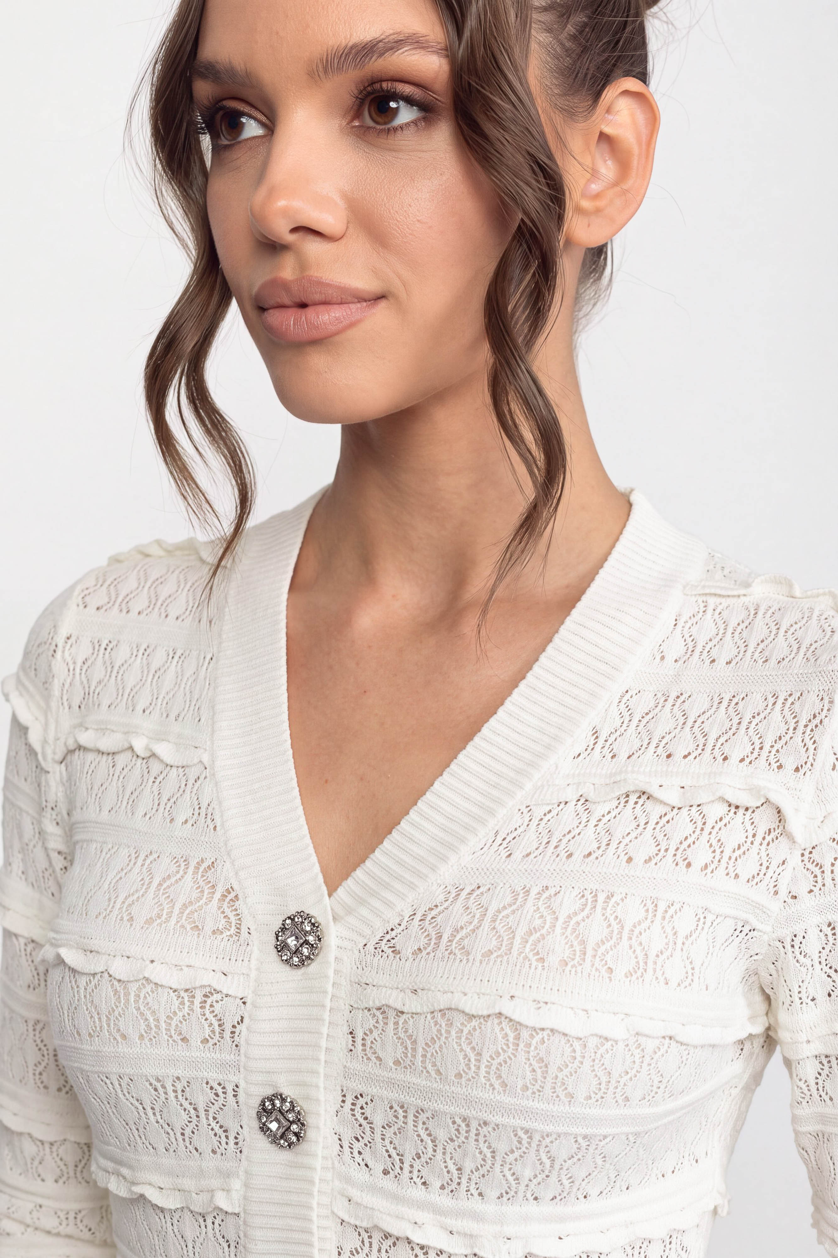 Button Front Strick-Fit-and-Flare-Kleid mit Kristallknöpfen - Weiß 