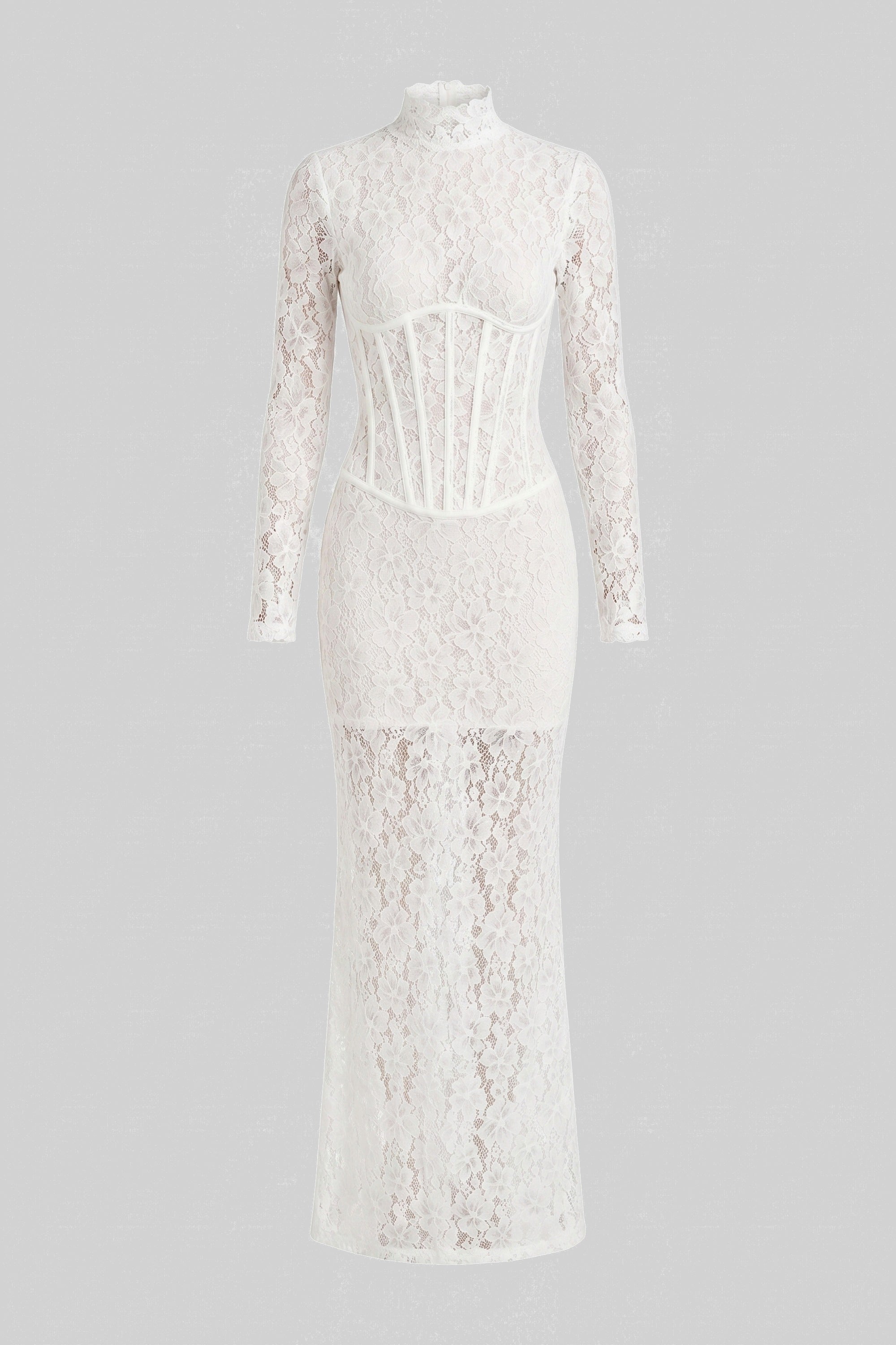 Langes Spitzen-Maxikleid mit hohem Kragen und langen Ärmeln in Column-Silhouette - Weiß 