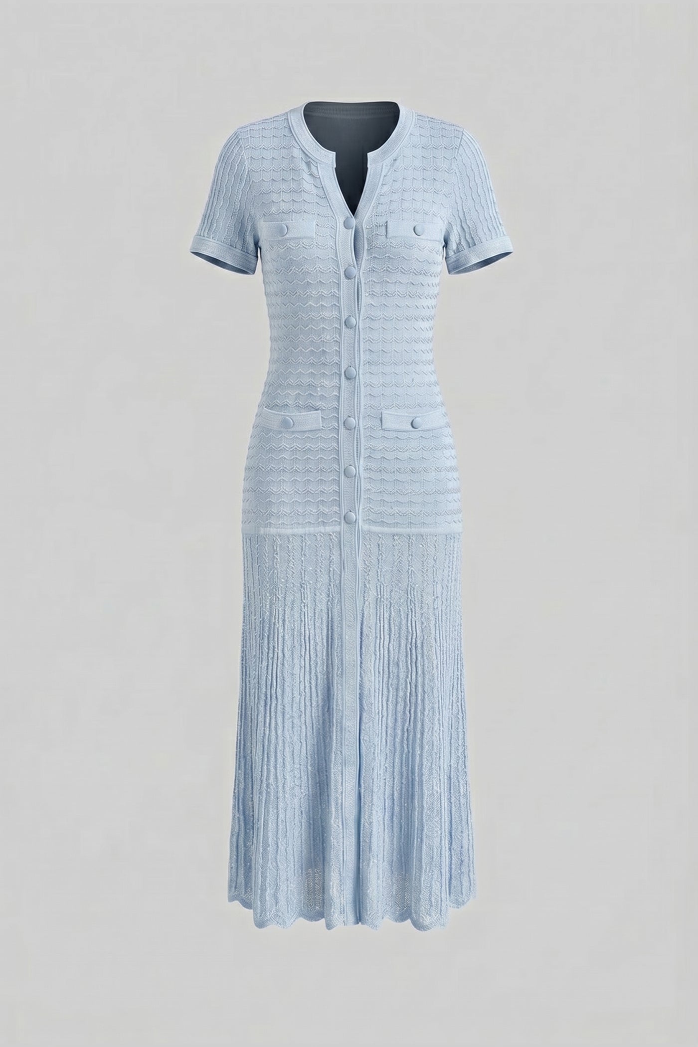 Midi-Kleid mit kurzen Ärmeln und schimmernder Stricktextur - Light Blue 