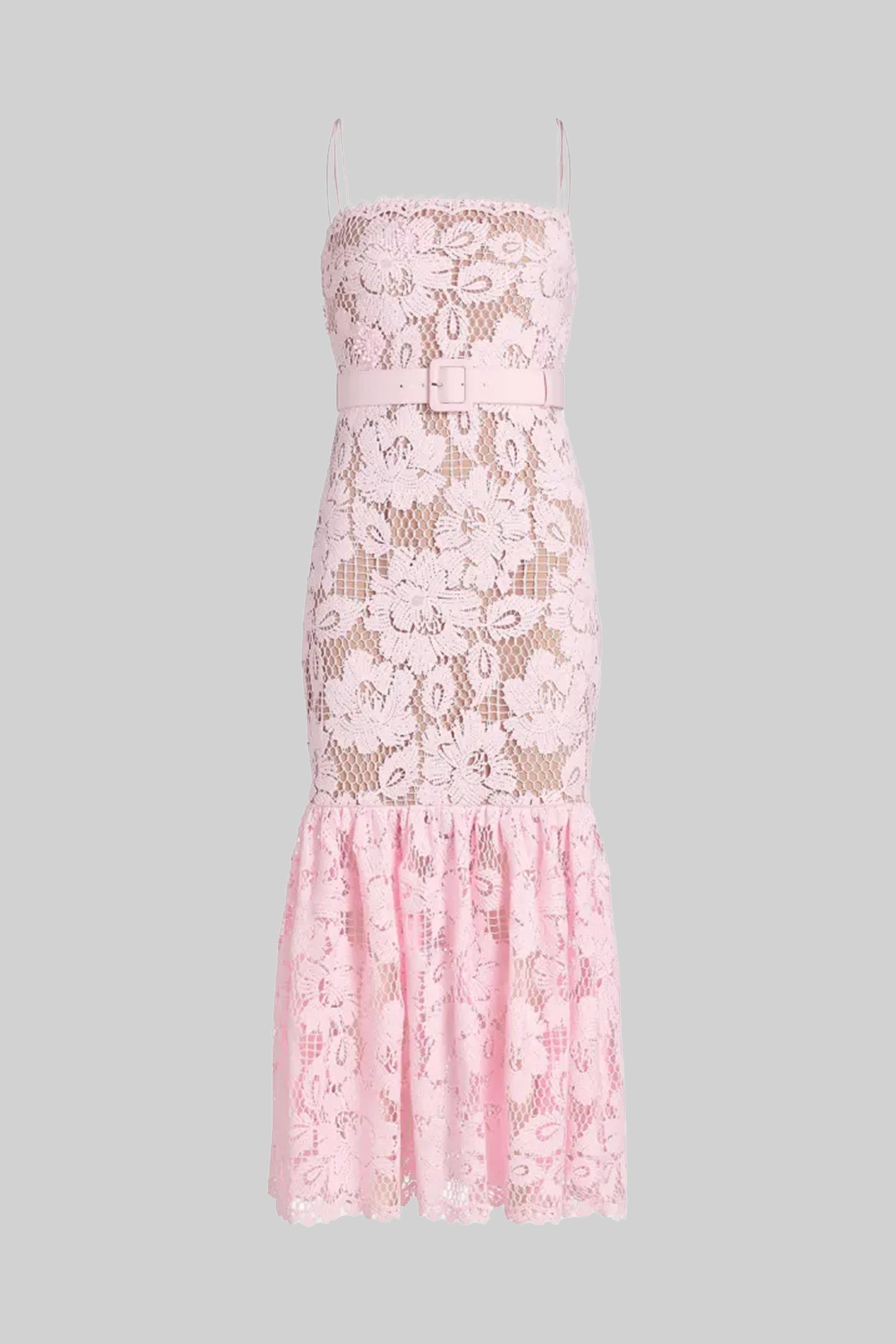 Spitzen-Midikleid mit tailliertem Gürtel und ausgestelltem Saum - Pink 
