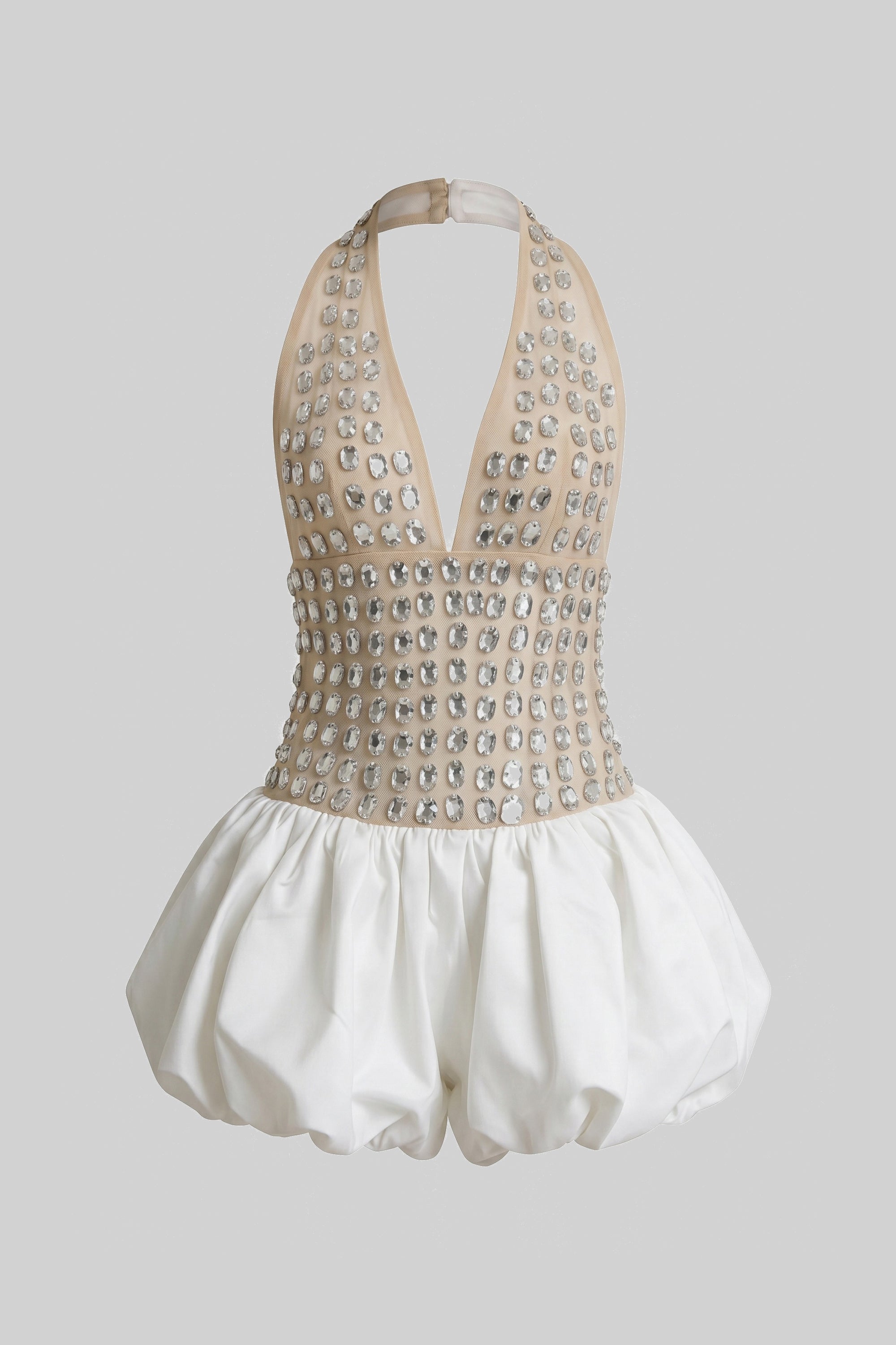 Mini-Kleid mit Neckholder und Bubble-Rock, mit Kristallverzierungen – Weiß 