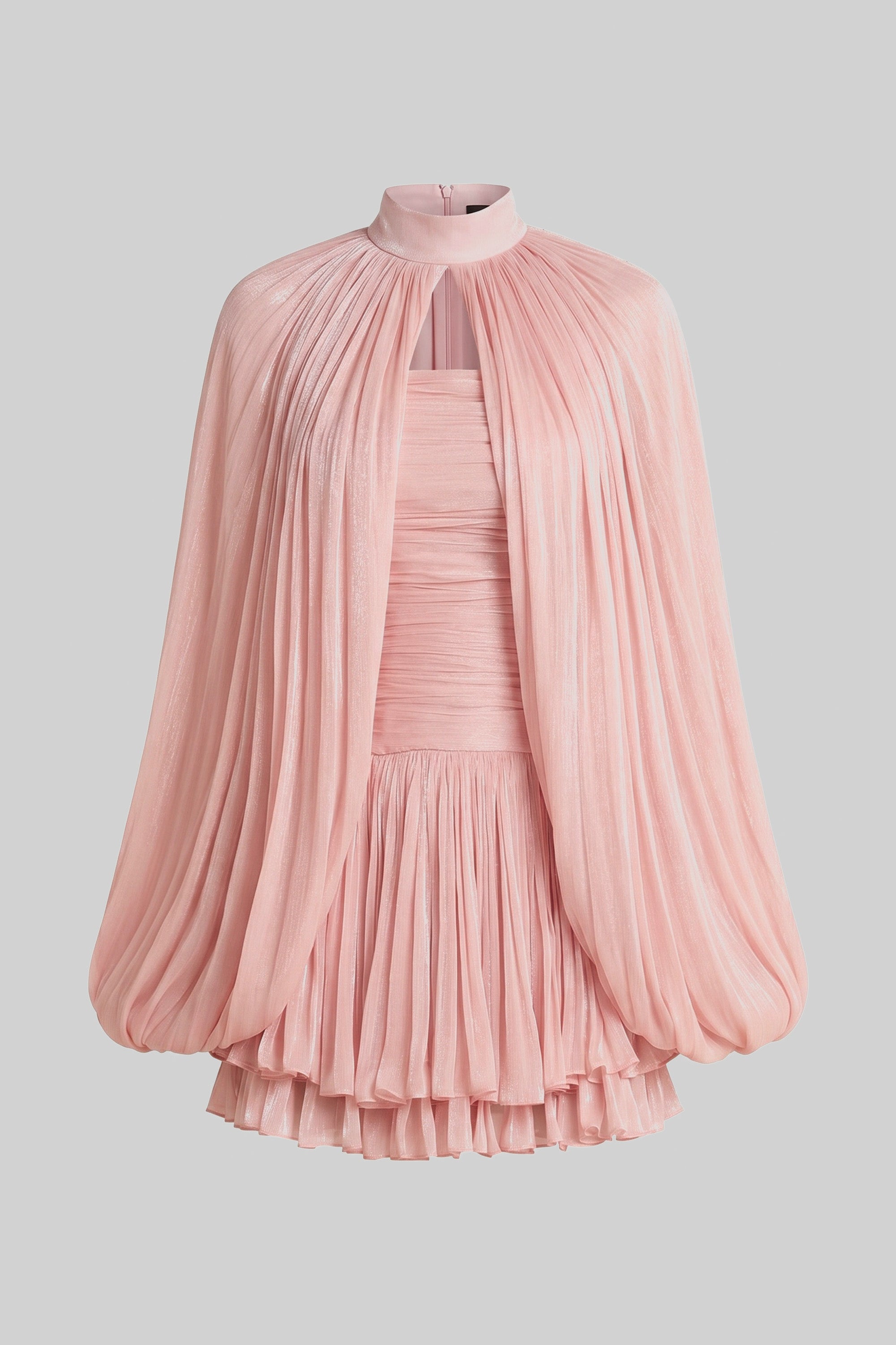 Hochgeschlossenes Minikleid mit Ballonärmeln und plissiertem Rock - Pink 