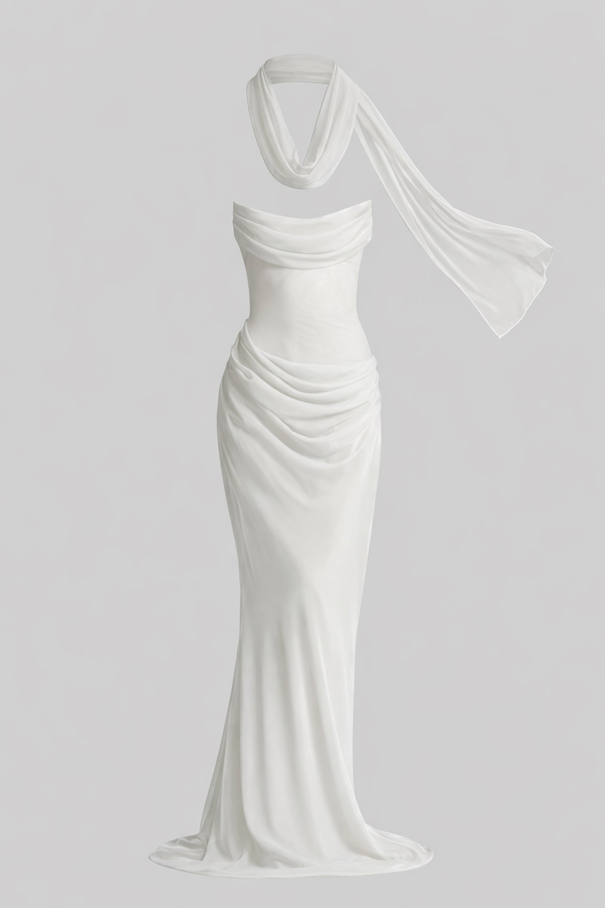 Strapless Draped Maxi Gown With Cowl Neckline And Sheer Scarf - White
