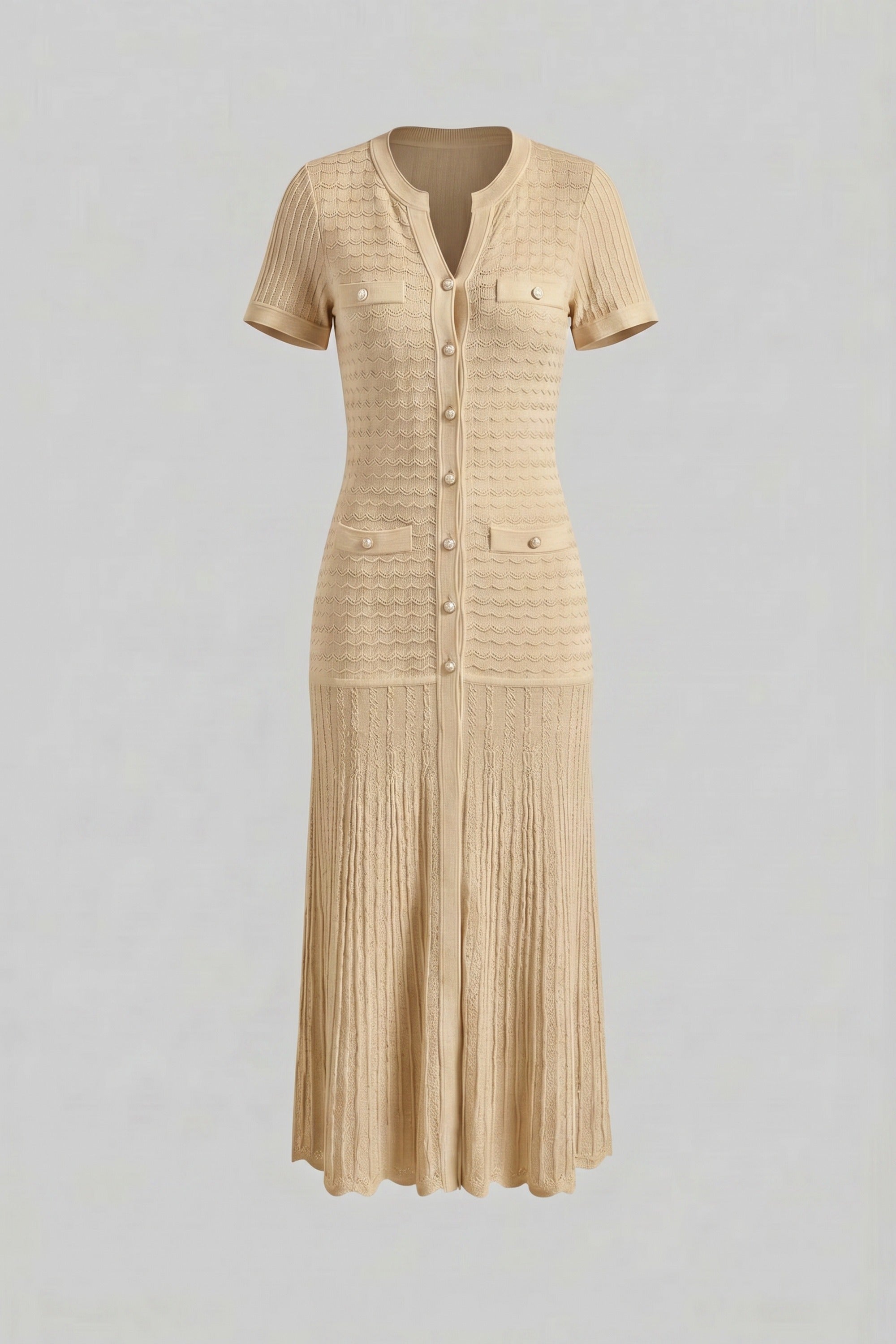 Midikleid mit kurzen Ärmeln und schimmernder Stricktextur - Beige 