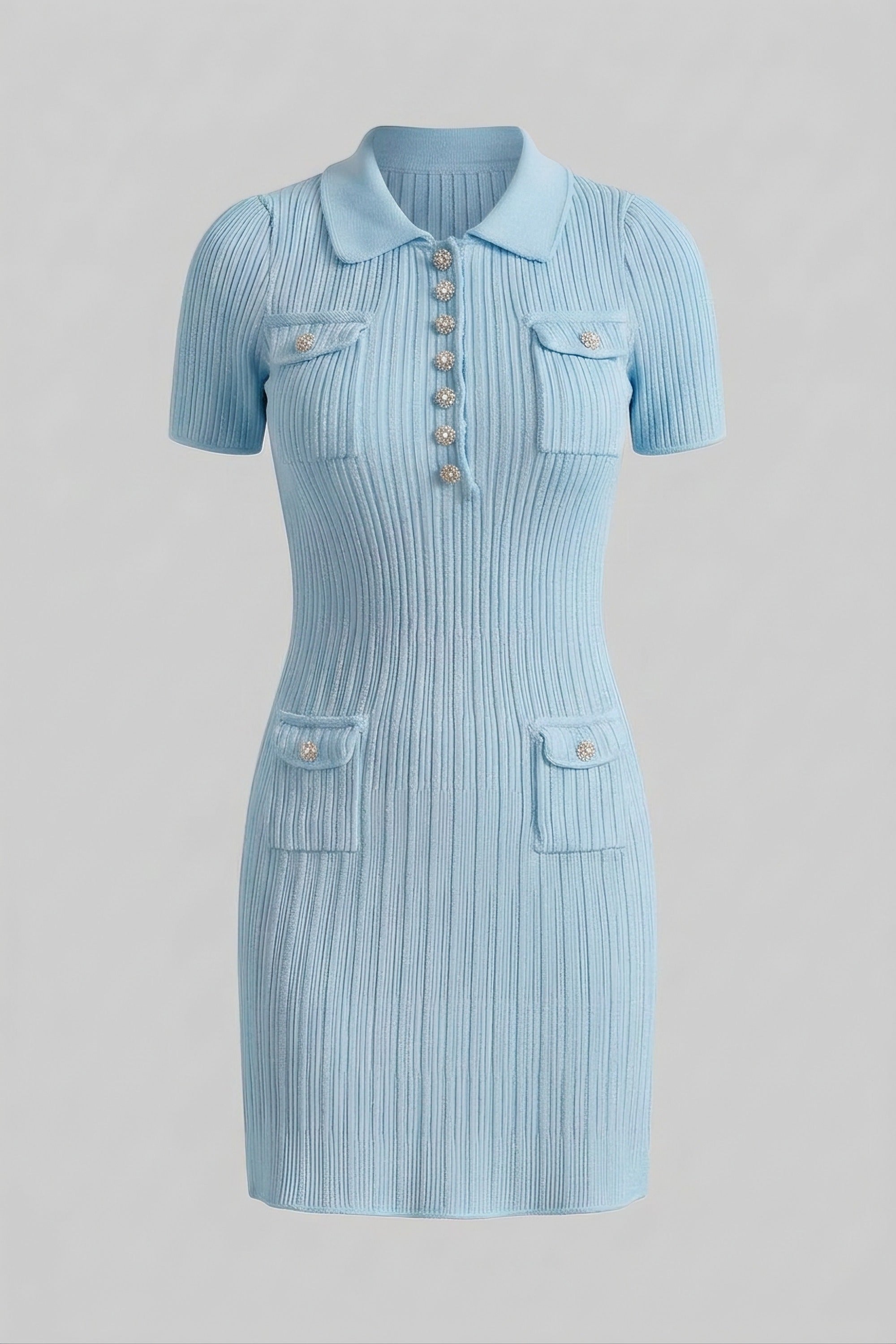 Geripptes Strick-Minikleid mit Knopfleiste vorne - Baby Blue 