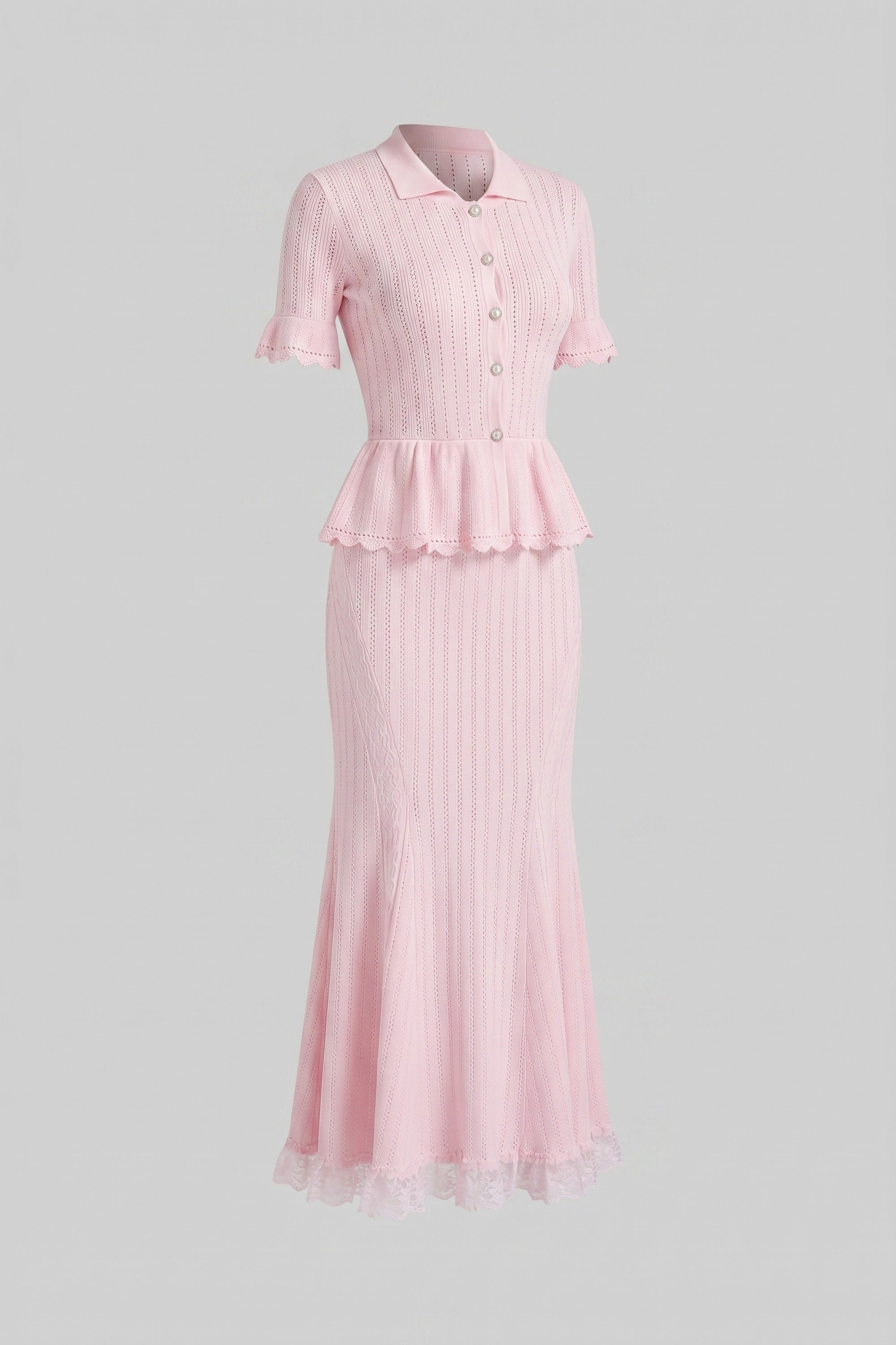 Strick-Maxikleid mit Peter-Pan-Kragen und Peplum mit Spitzensaum - Pink 