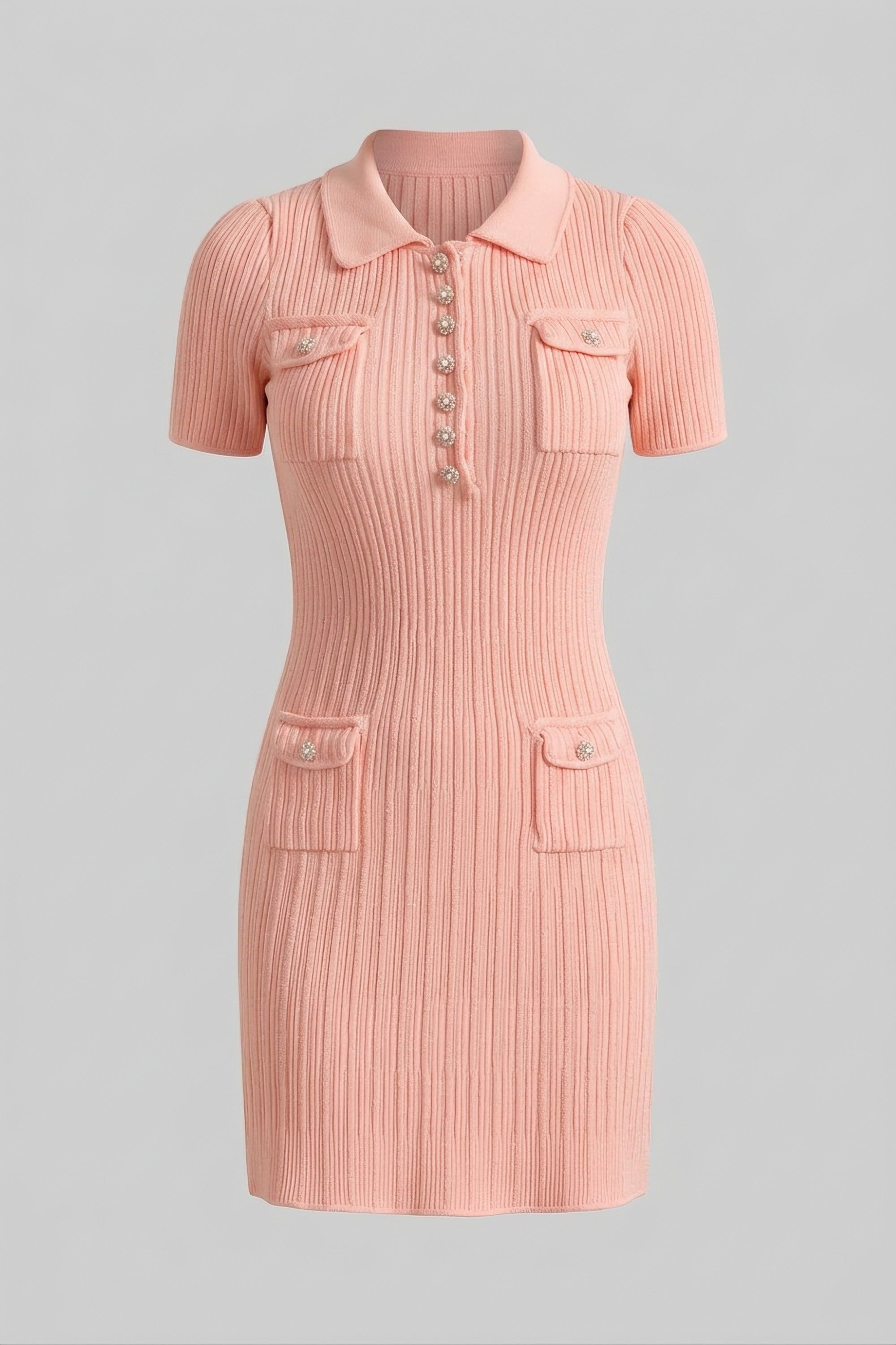 Geripptes Strick-Minikleid mit Knopfleiste vorne - Peach 