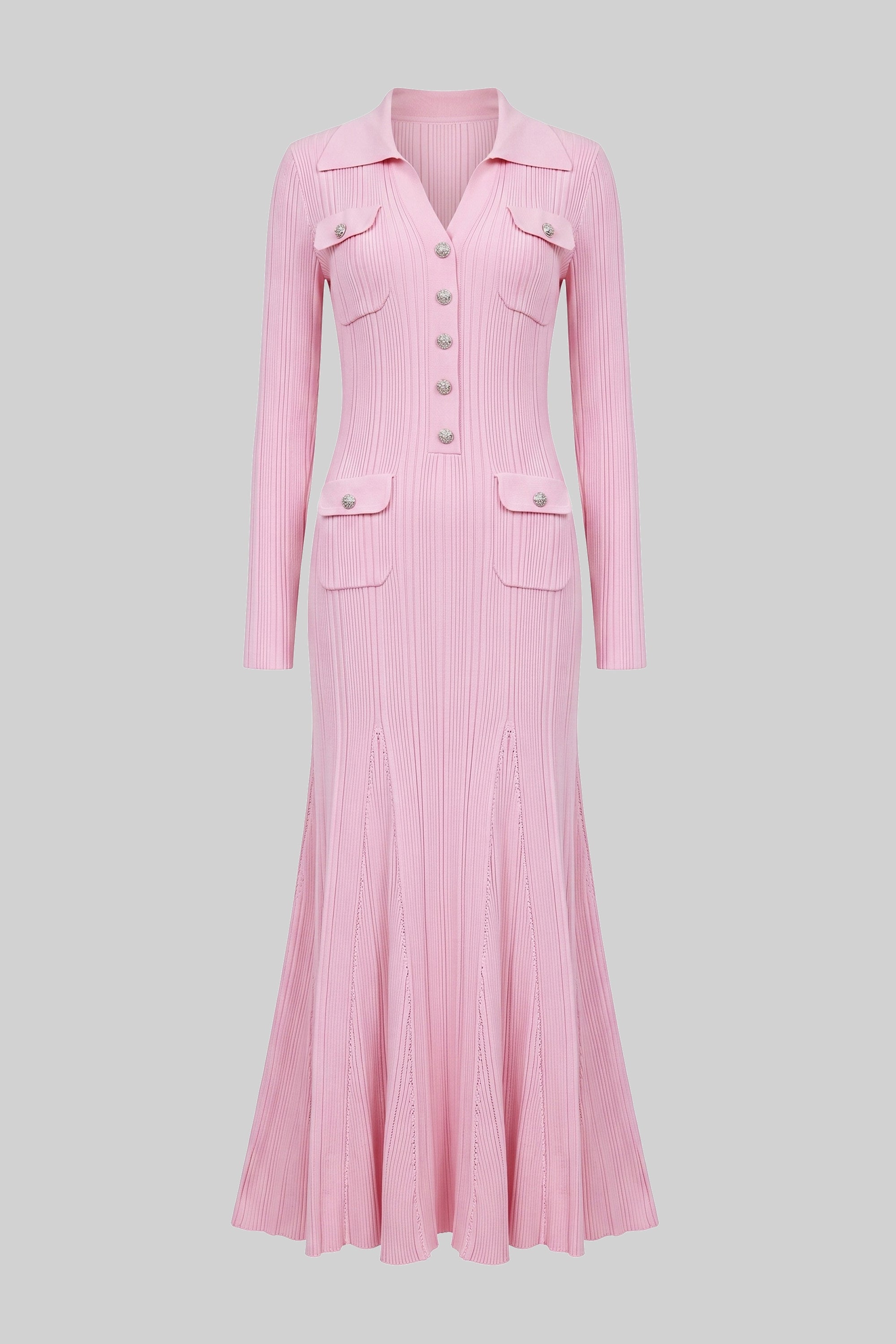 Langärmliges Strick-Maxikleid mit Knopfleiste vorn und aufgesetzten Taschen - Pink 
