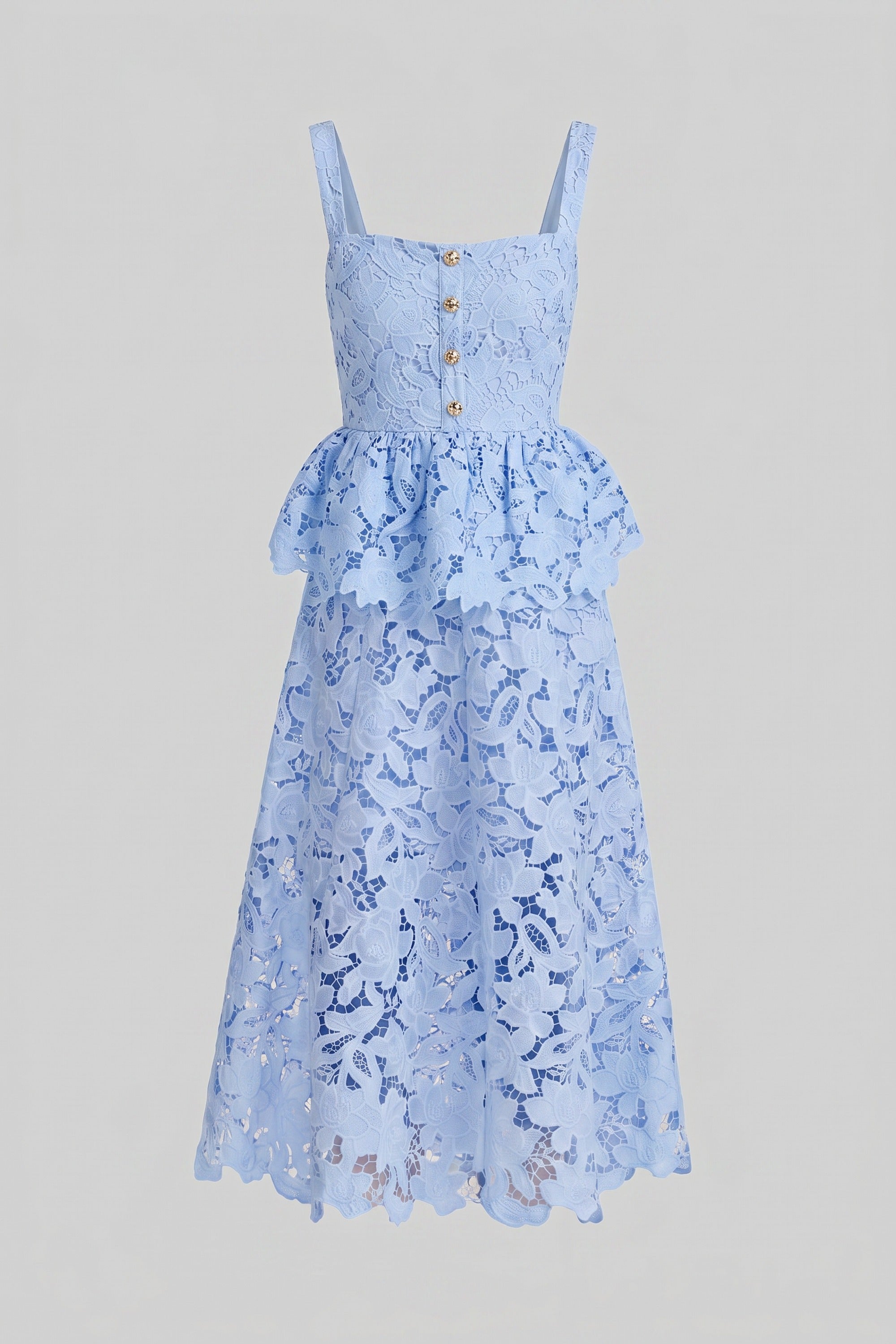 Ärmelloses Spitzen-Peplum-Kleid mit Midi-Rock und goldfarbenen Knöpfen - Blau 