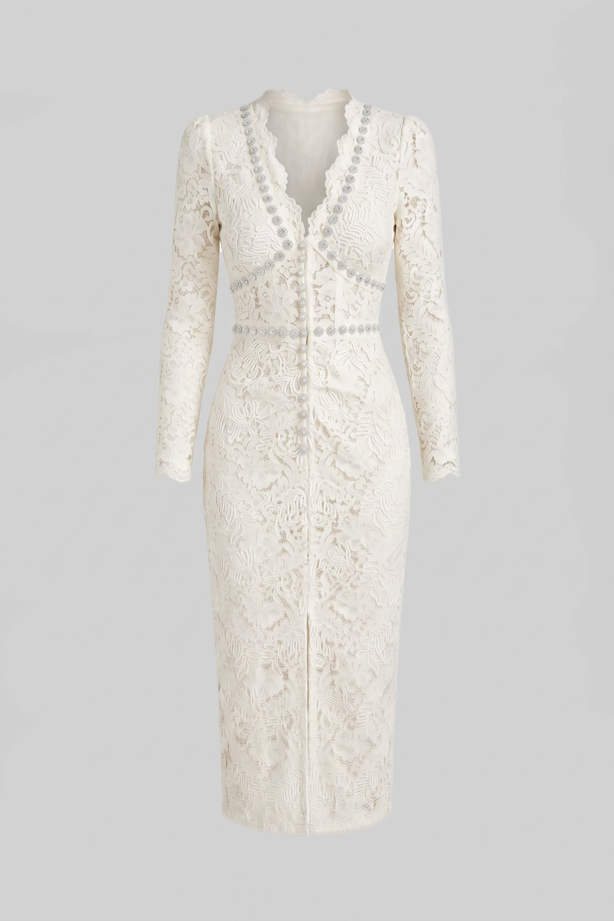 Spitzen-Midikleid mit Kristall-V-Ausschnitt und Drapierungsdetail vorne – Weiß 