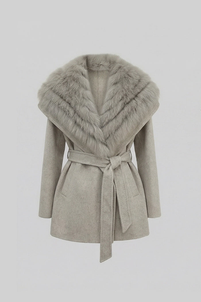 Wool Coat with Oversized Fur Collar And Belt - Light Grey