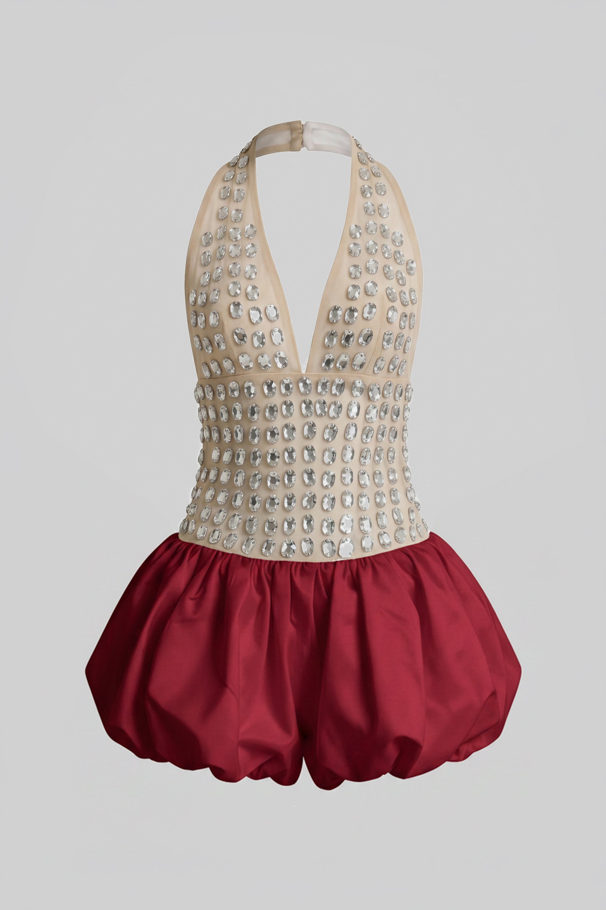 Mini-Kleid mit Neckholder und Blasenrock, verziert mit Kristallen – Rot 