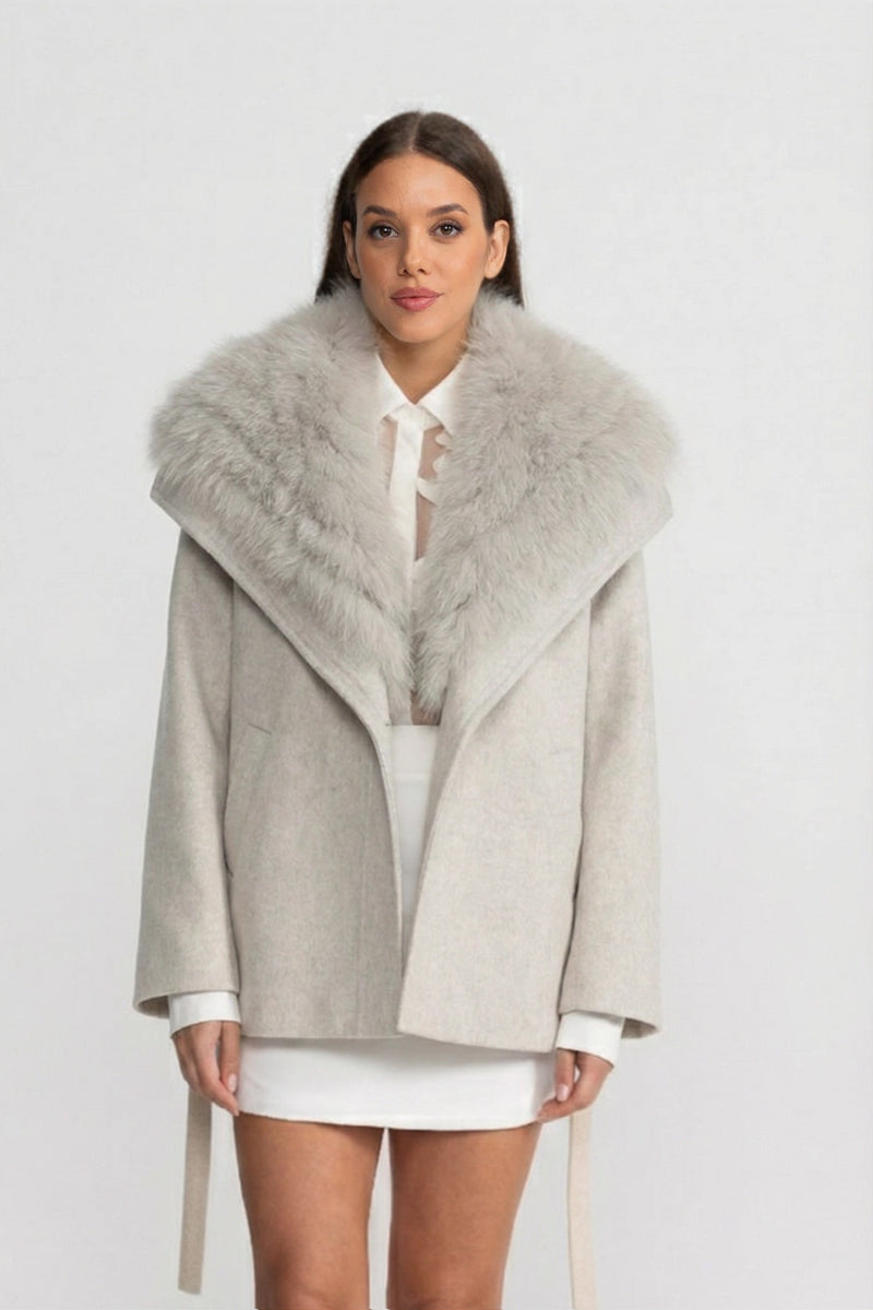 Wool Coat with Oversized Fur Collar And Belt - Light Grey
