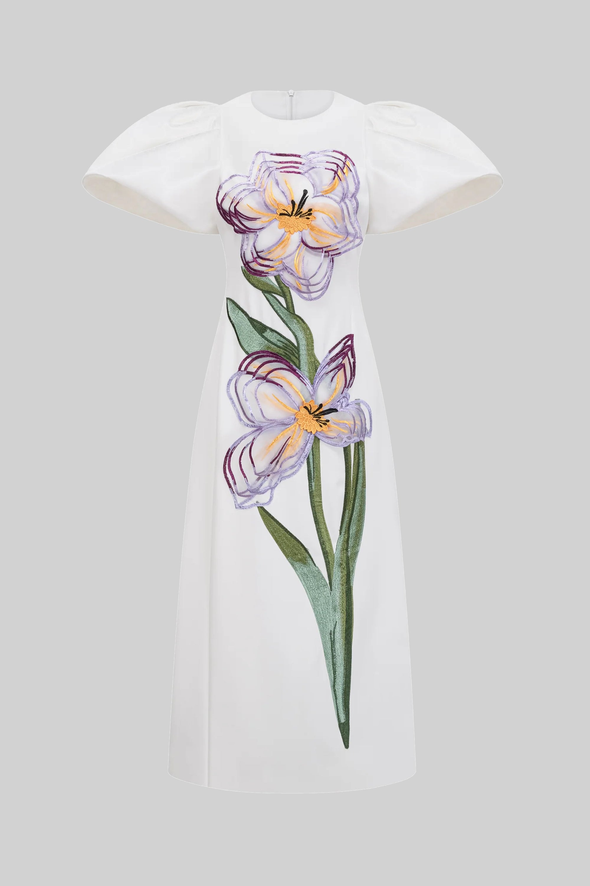 Strukturiertes Maxikleid mit Schulterpartie und 3D-Iris-Blütenapplikation - Weiß 