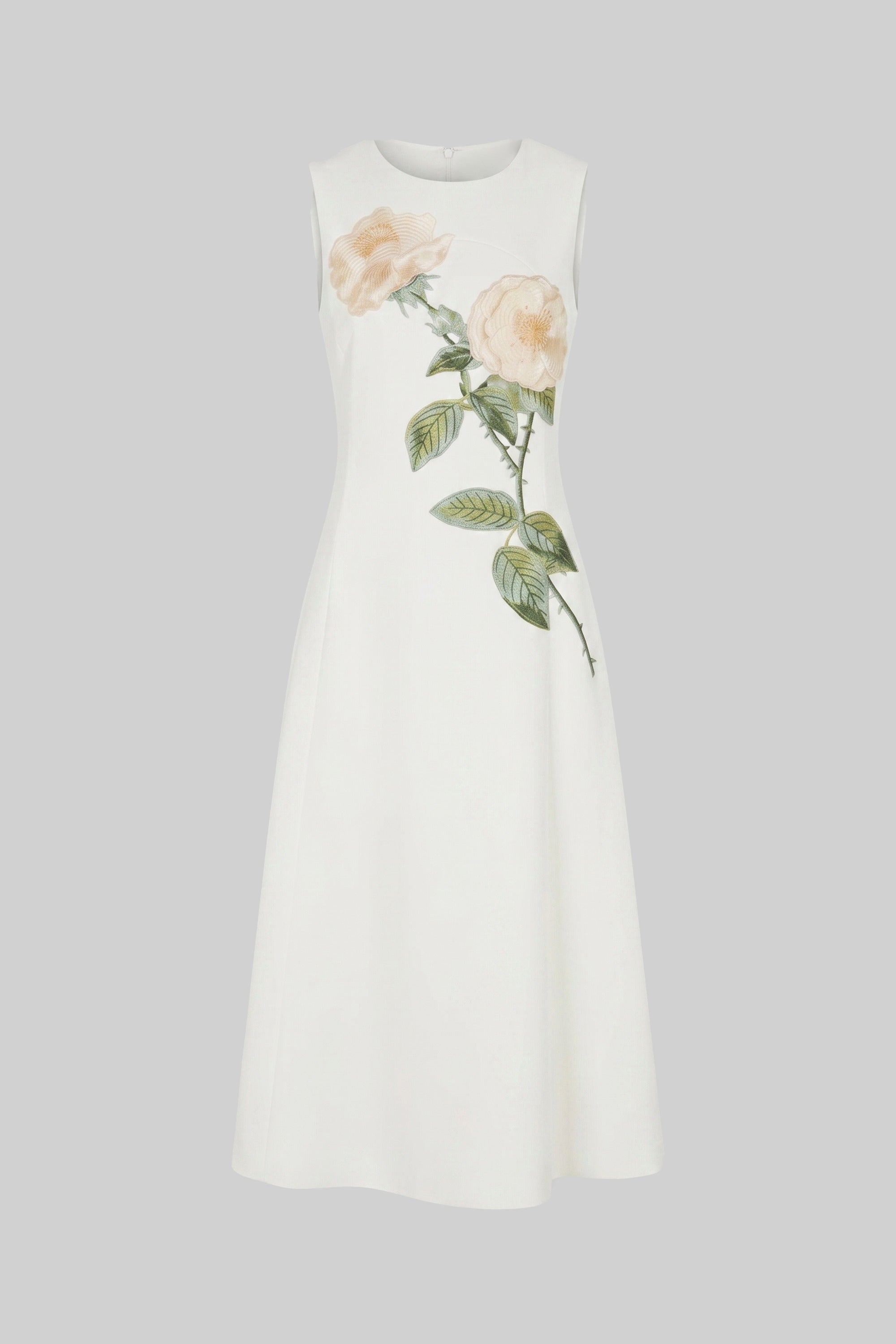 Ärmelloses Midi-Kleid mit 3D-Blütenapplikation und weitem Rock - Weiß 