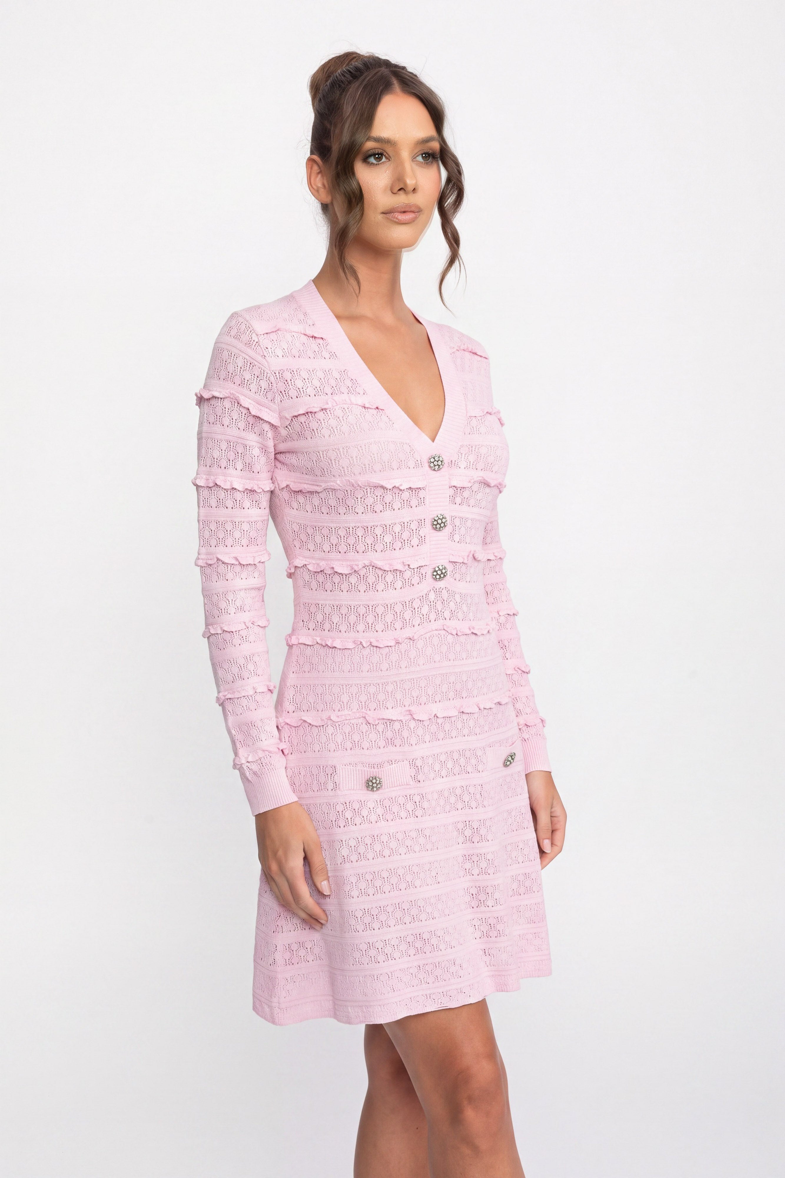 Strick-Fit-and-Flare-Kleid mit Knopfleiste und Kristallknöpfen - Pink 