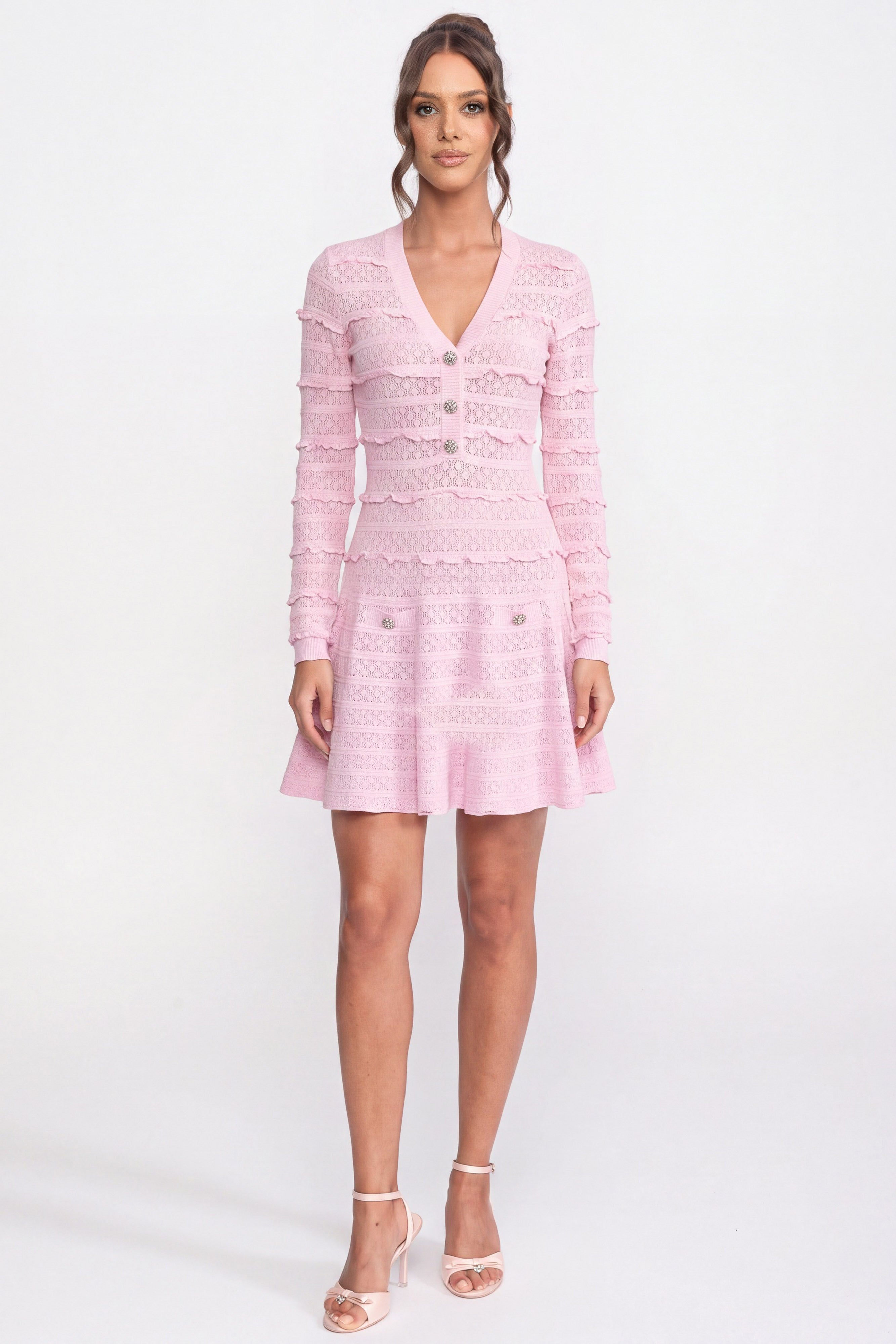 Strick-Fit-and-Flare-Kleid mit Knopfleiste und Kristallknöpfen - Pink 