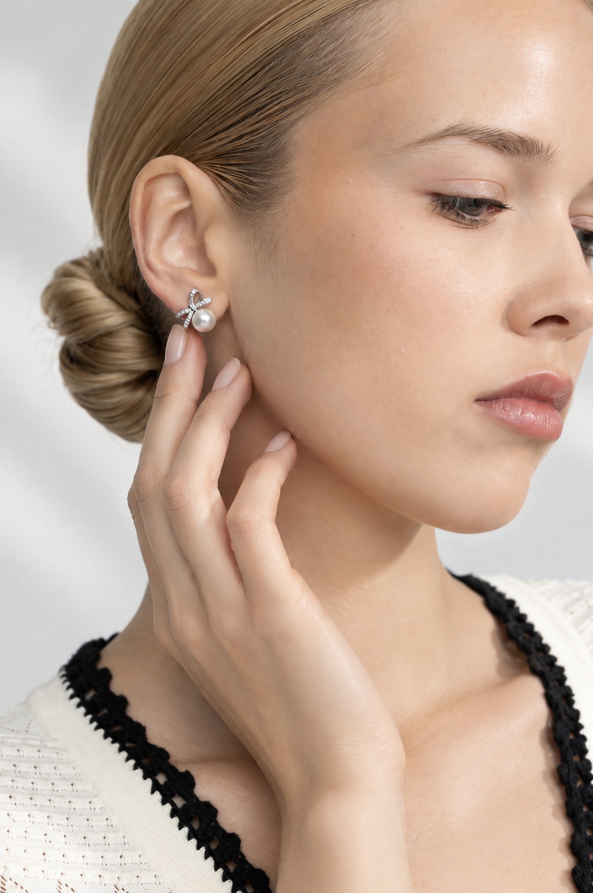 Pearl Drop Bow Stud Earrings - Silver