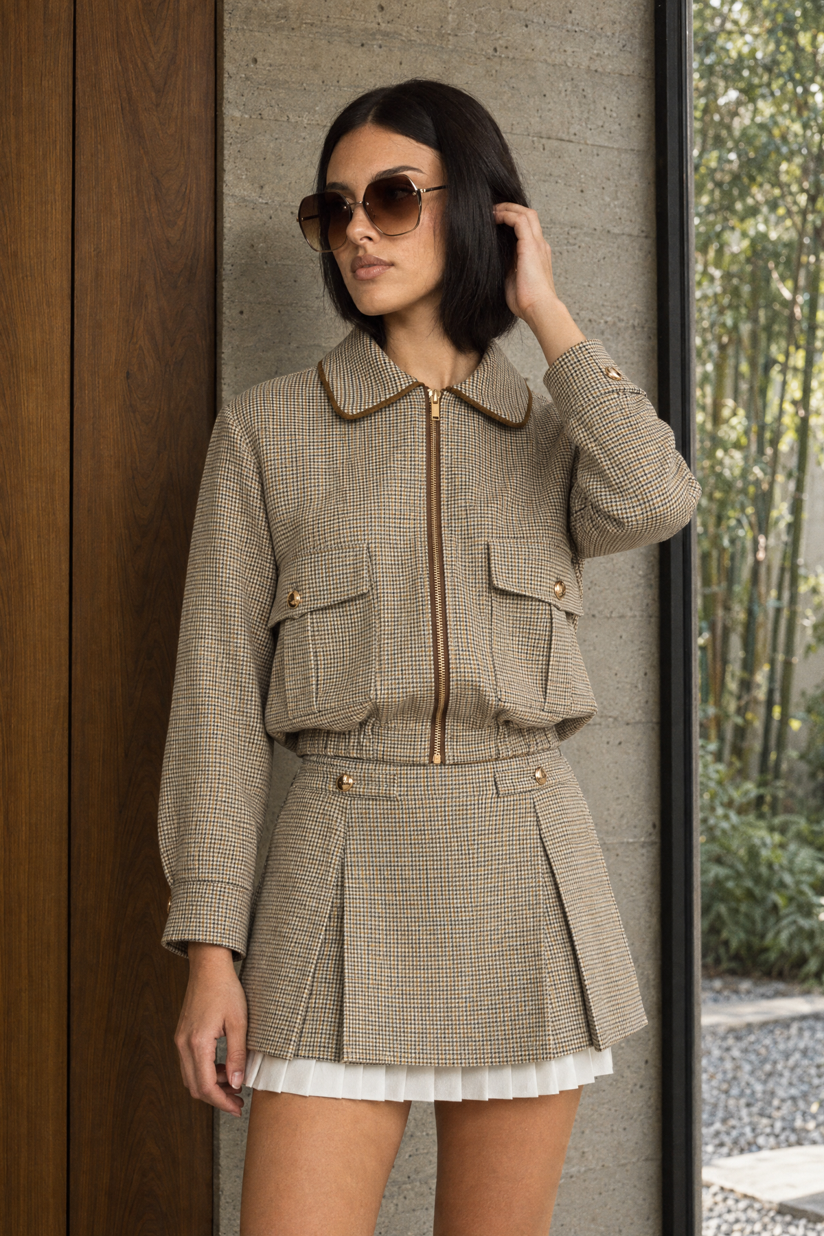 Houndstooth Bomber Jacket and Pleated Mini Skirt Set - Beige