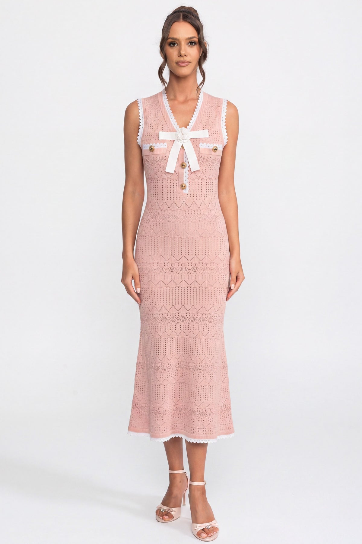 Crochet-Strick-Midikleid mit schwarzer Einfassung und Schleife - Pink 