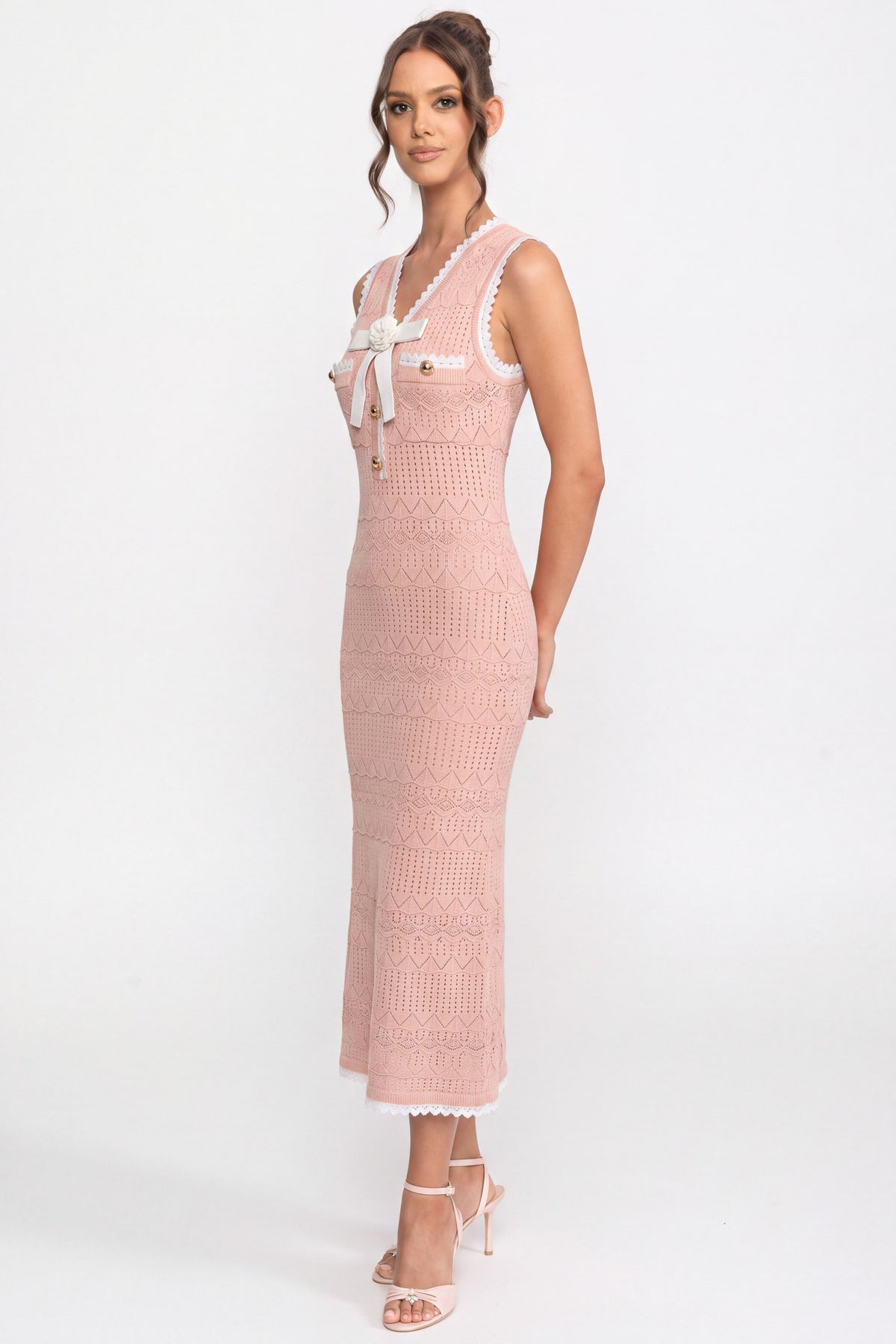 Crochet-Strick-Midikleid mit schwarzer Einfassung und Schleife - Pink 
