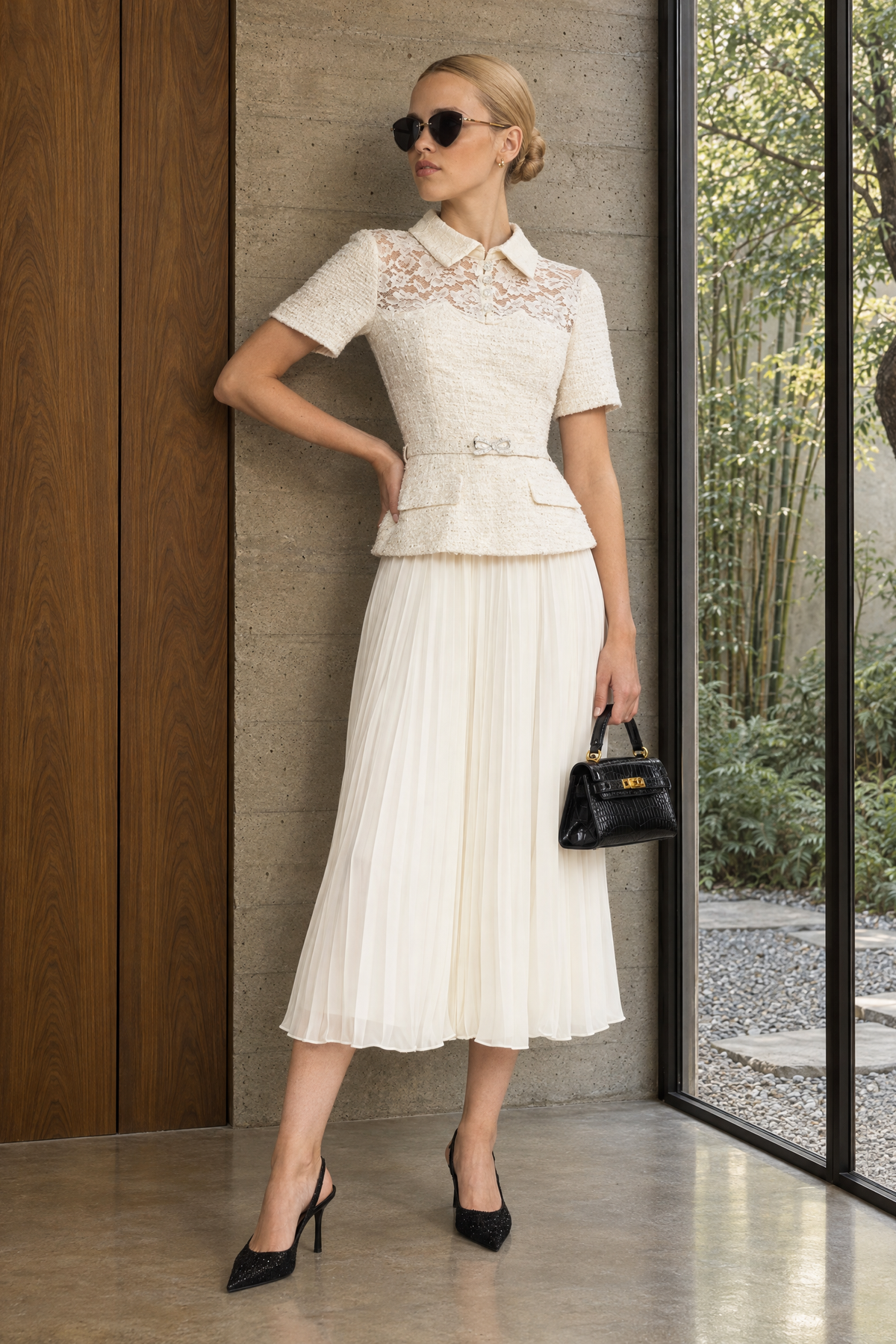 Tweed-Peplumkleid mit Spitzenpasse und plissiertem Rock - Ivoire 