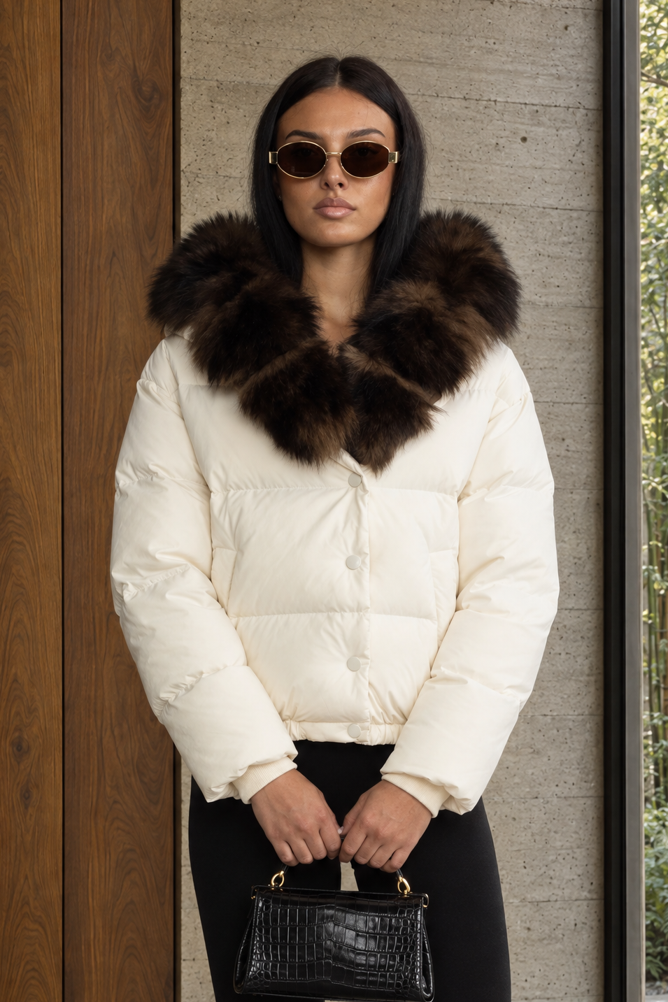 Daunen-Pufferjacke in Cropped-Länge mit Fuchspelzbesatz an der Kapuze - Ivoire 