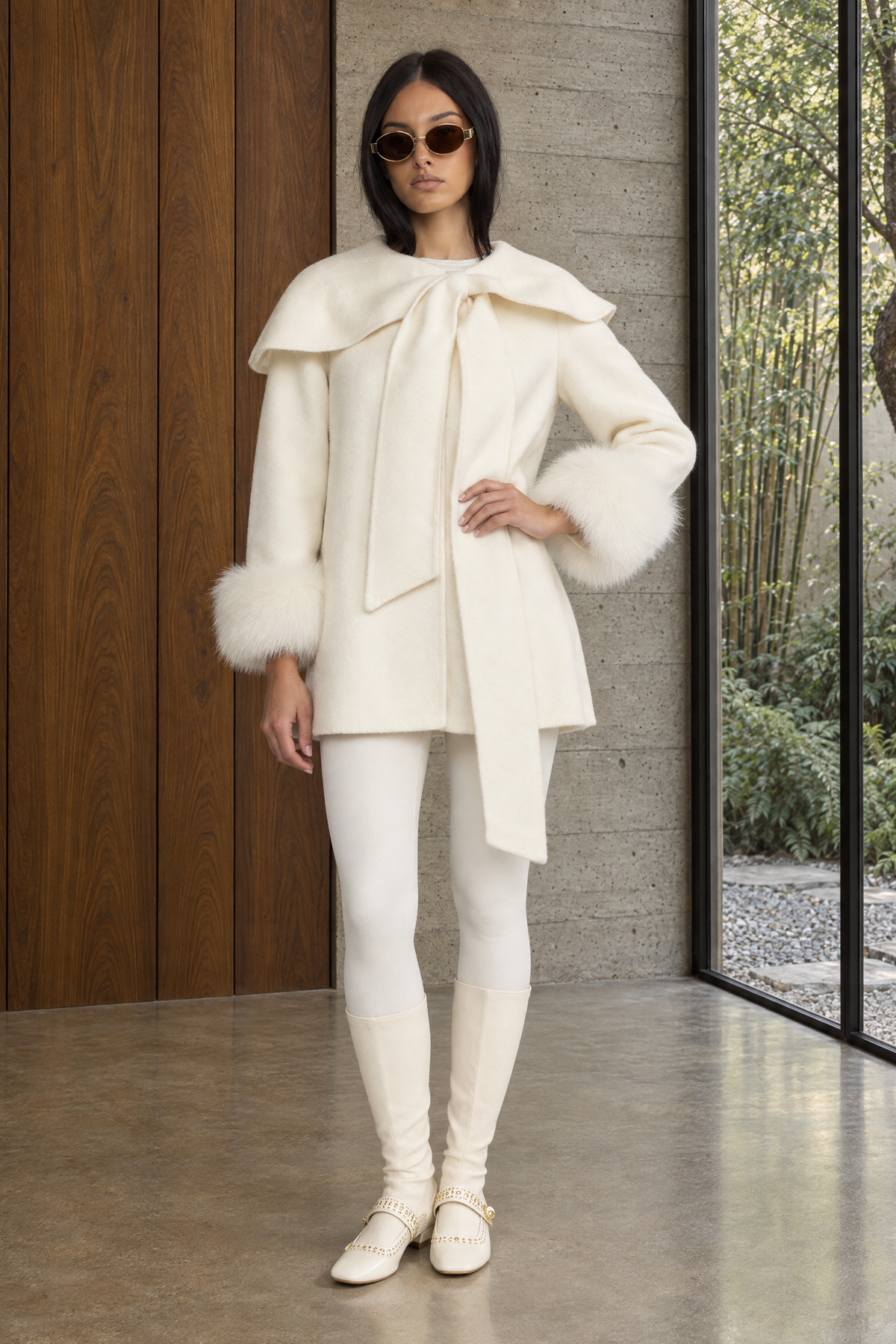 Capelet Collar Wool Jacket with Bow and Fur-Effect Cuffs - Ivoire