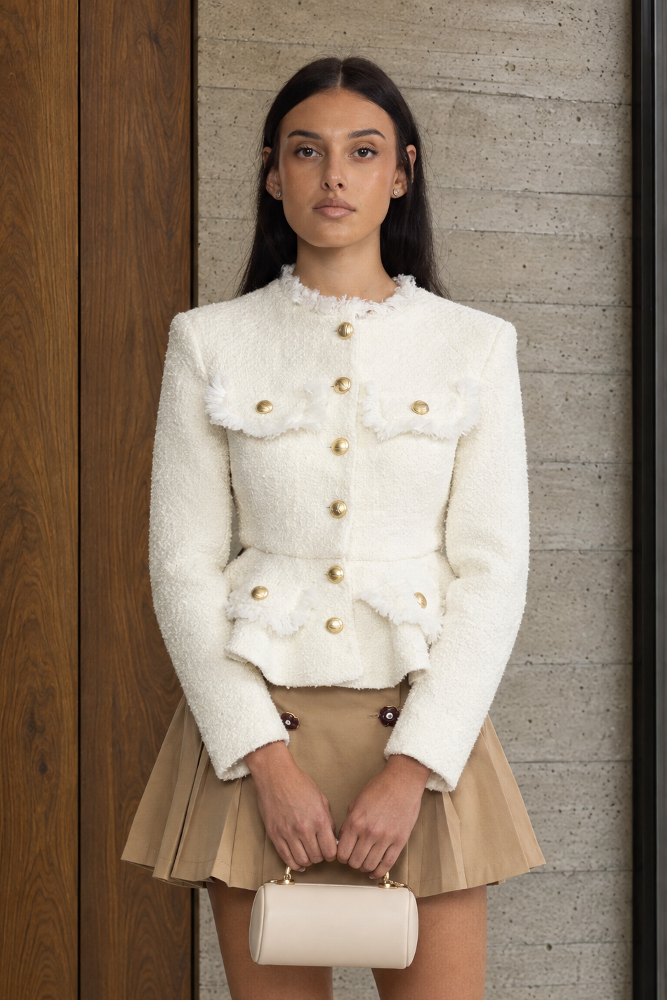 Tweed-Peplumjacke mit Fransensaum - Ivoire 