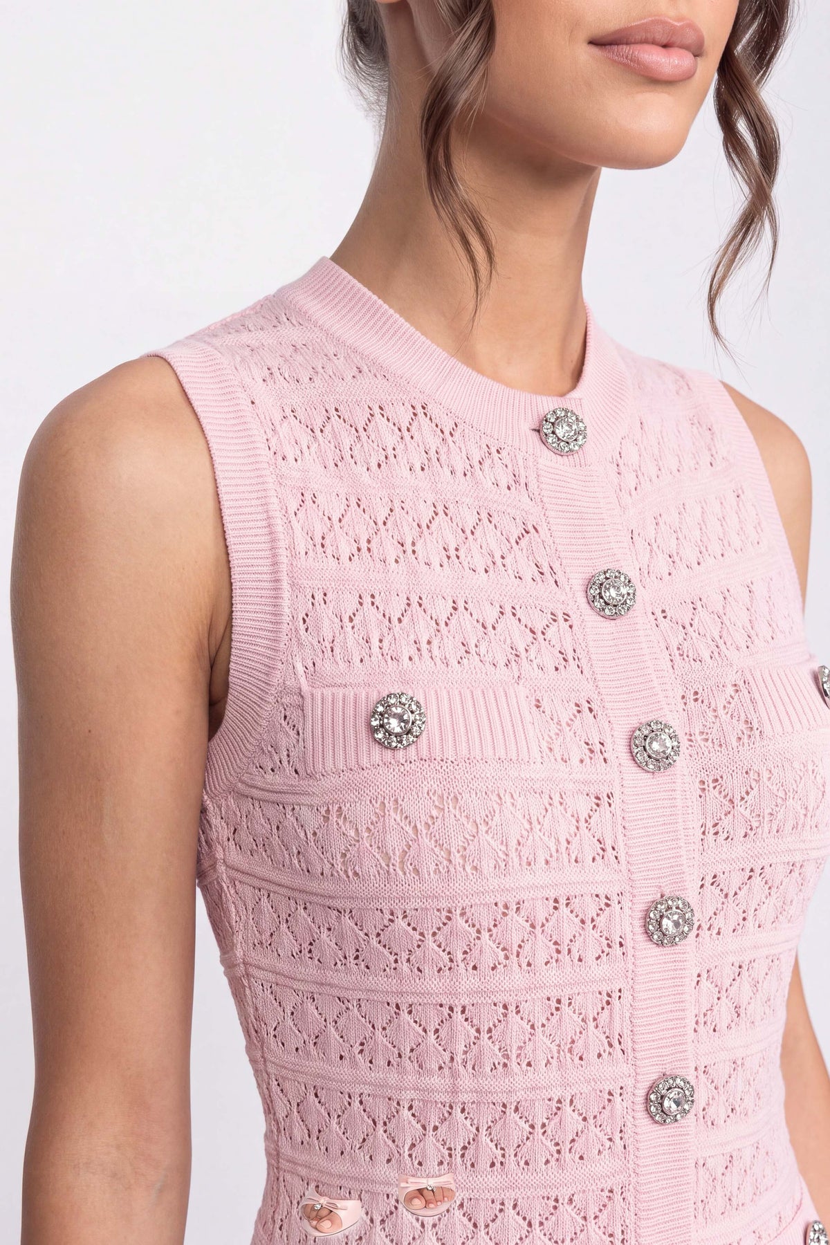 Button-Front Strick-Minikleid mit Rundhalsausschnitt - Pink 