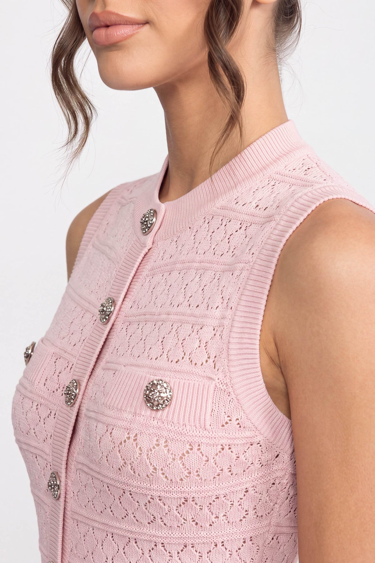 Button-Front Strick-Minikleid mit Rundhalsausschnitt - Pink 