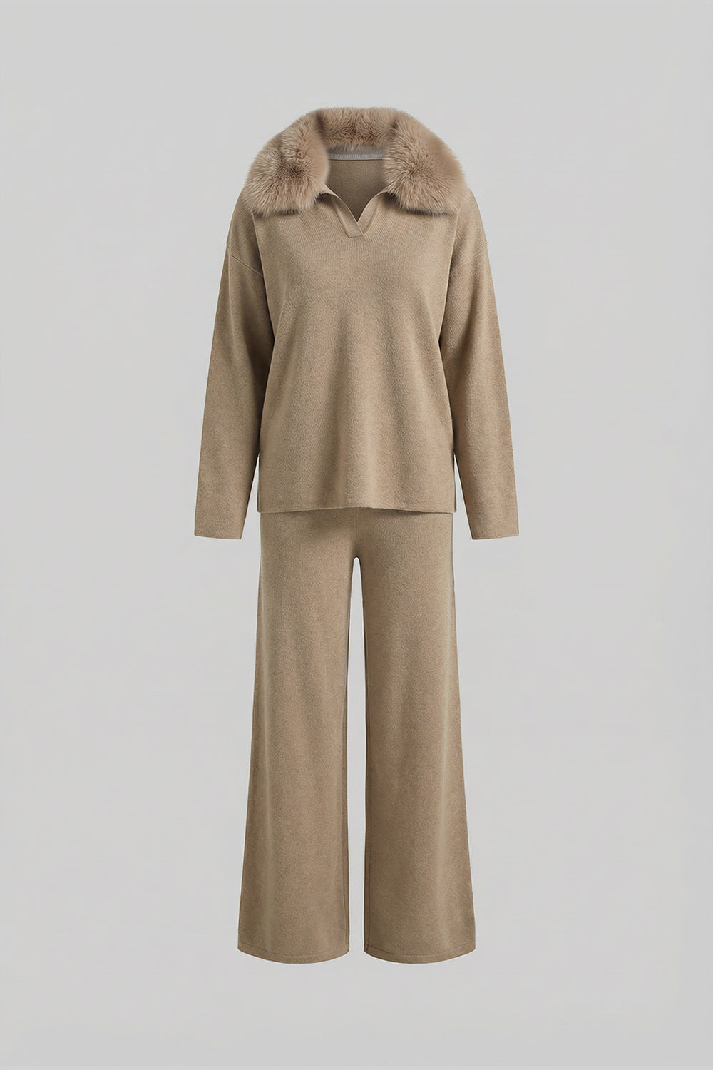 Strick-Lounge-Kombi mit Fuchspelzkragen – Khaki 