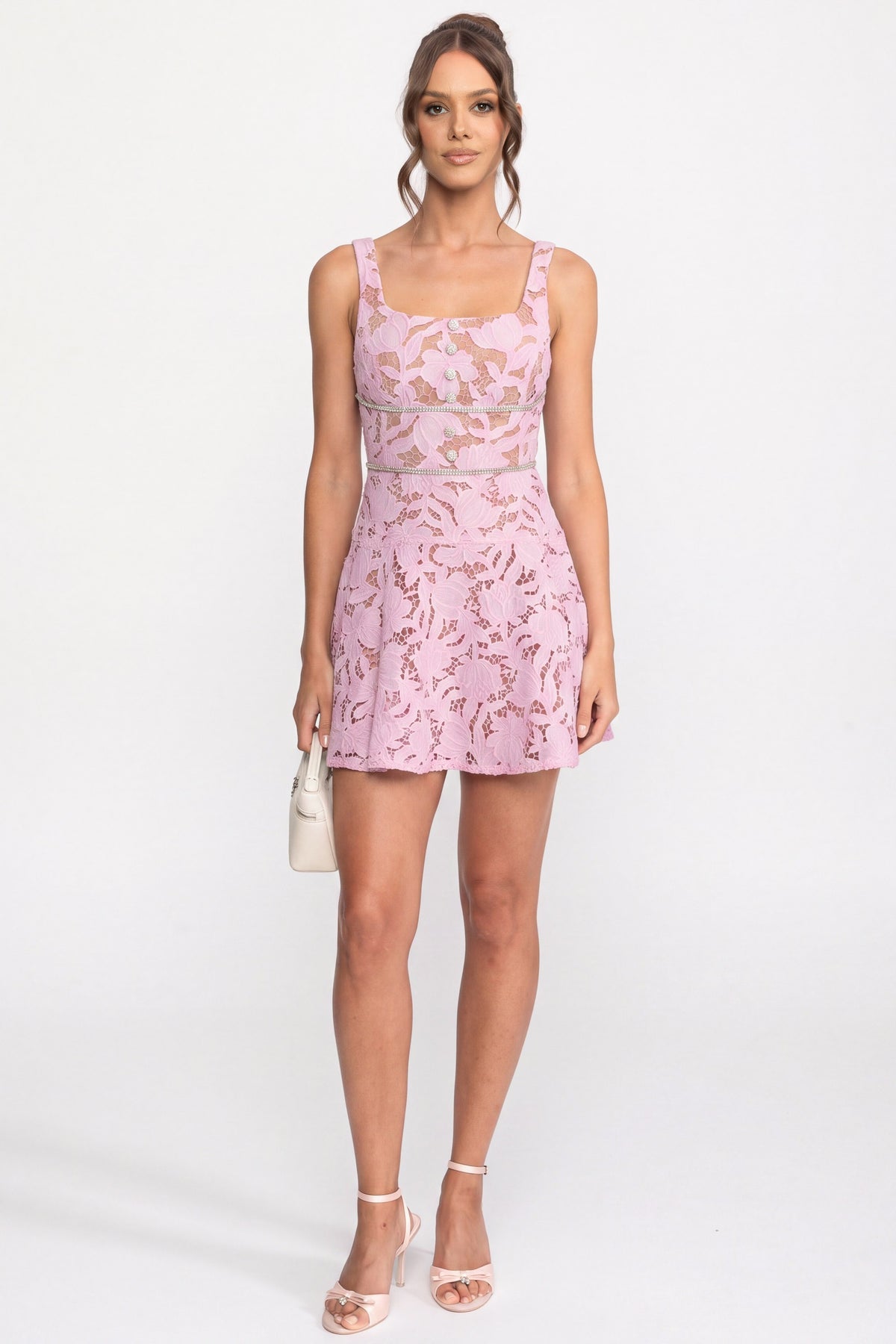 Minikleid aus floraler Spitze mit Kristallbesatz an der Taille - Pink 