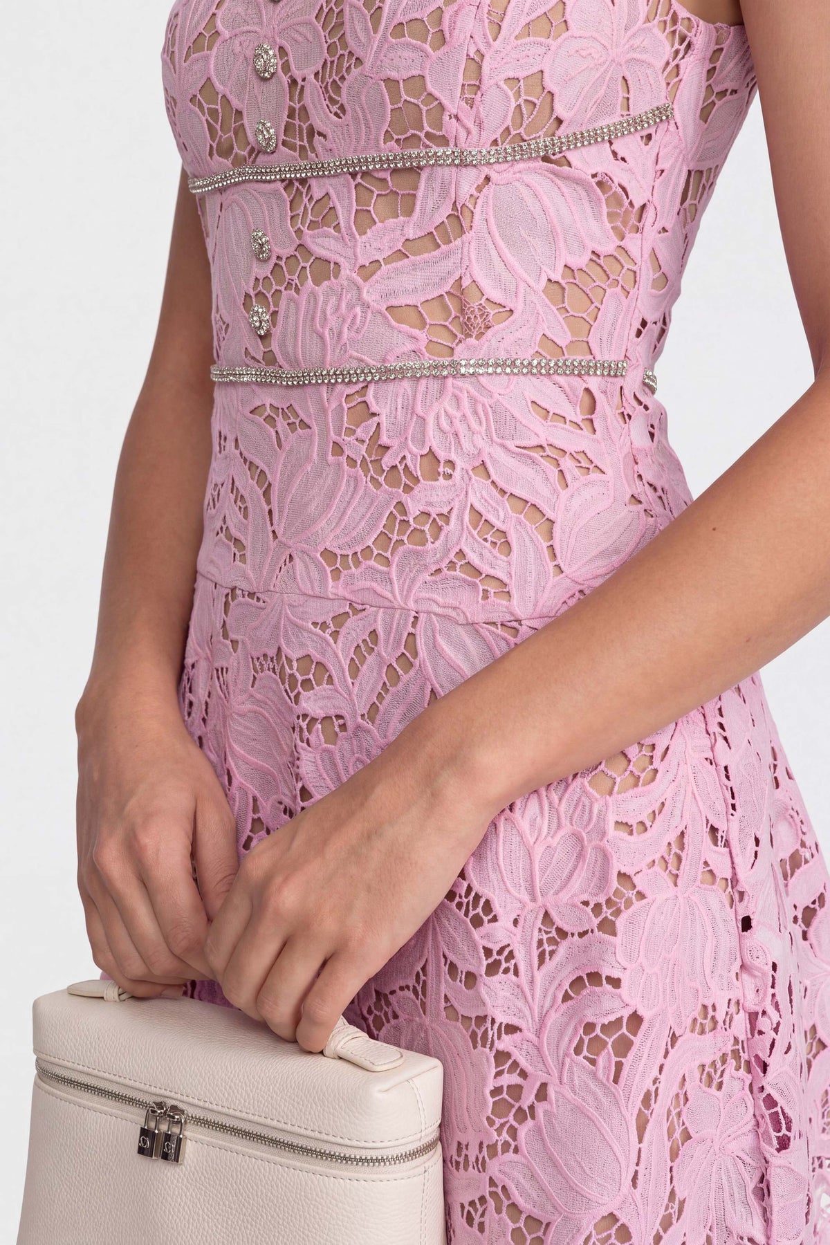 Minikleid aus floraler Spitze mit Kristallbesatz an der Taille - Pink 