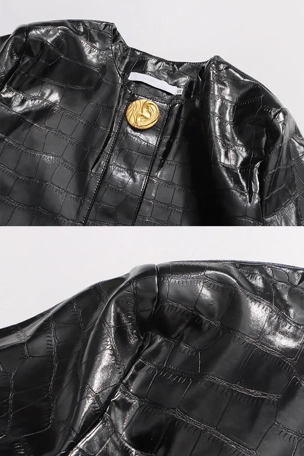 Krokodil-Effekt Kurzjacke mit goldener Knopfleiste - Schwarz 