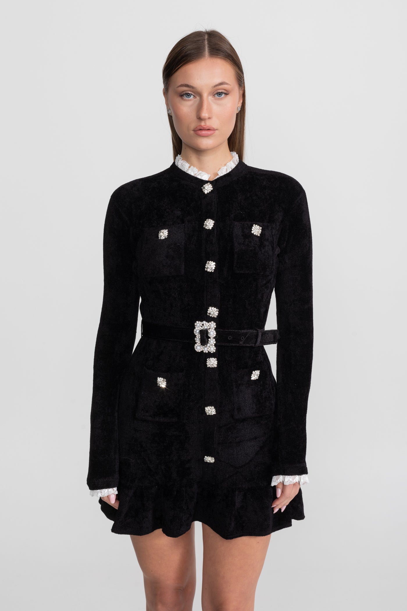 Knit Crystal-Button Mini Dress With Matching Belt – Black