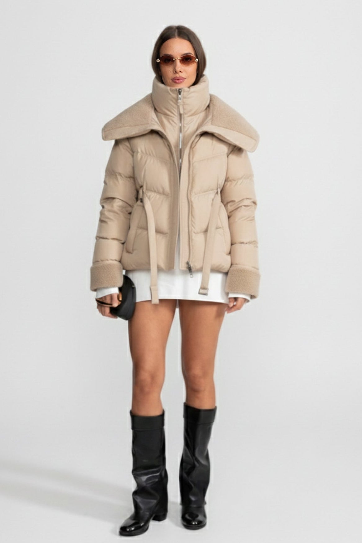 Puffer Jacket with Oversized Shearling Collar And Cuffs - Beige