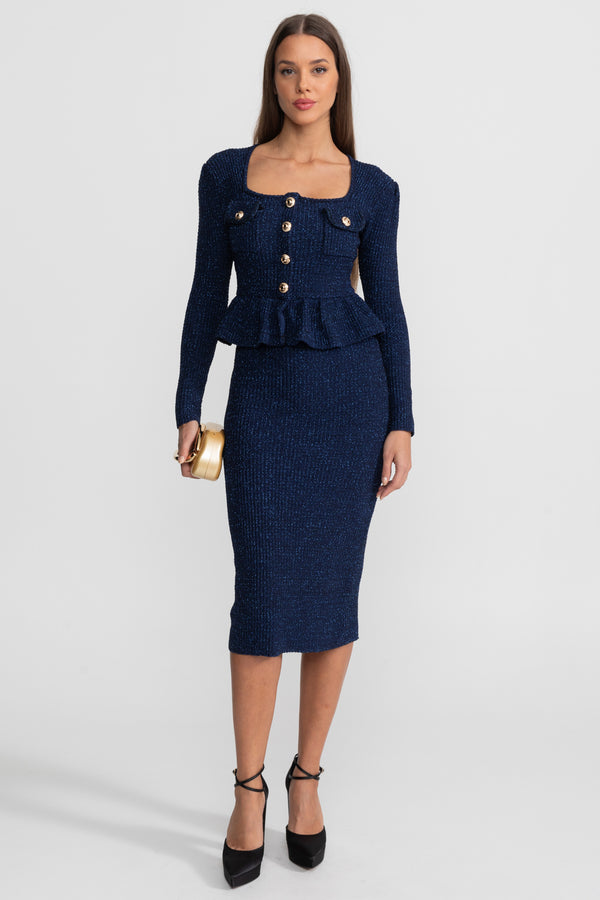 Strukturiertes Strickkleid mit Peplum-Taille und goldenen Knöpfen – Dunkelblau 