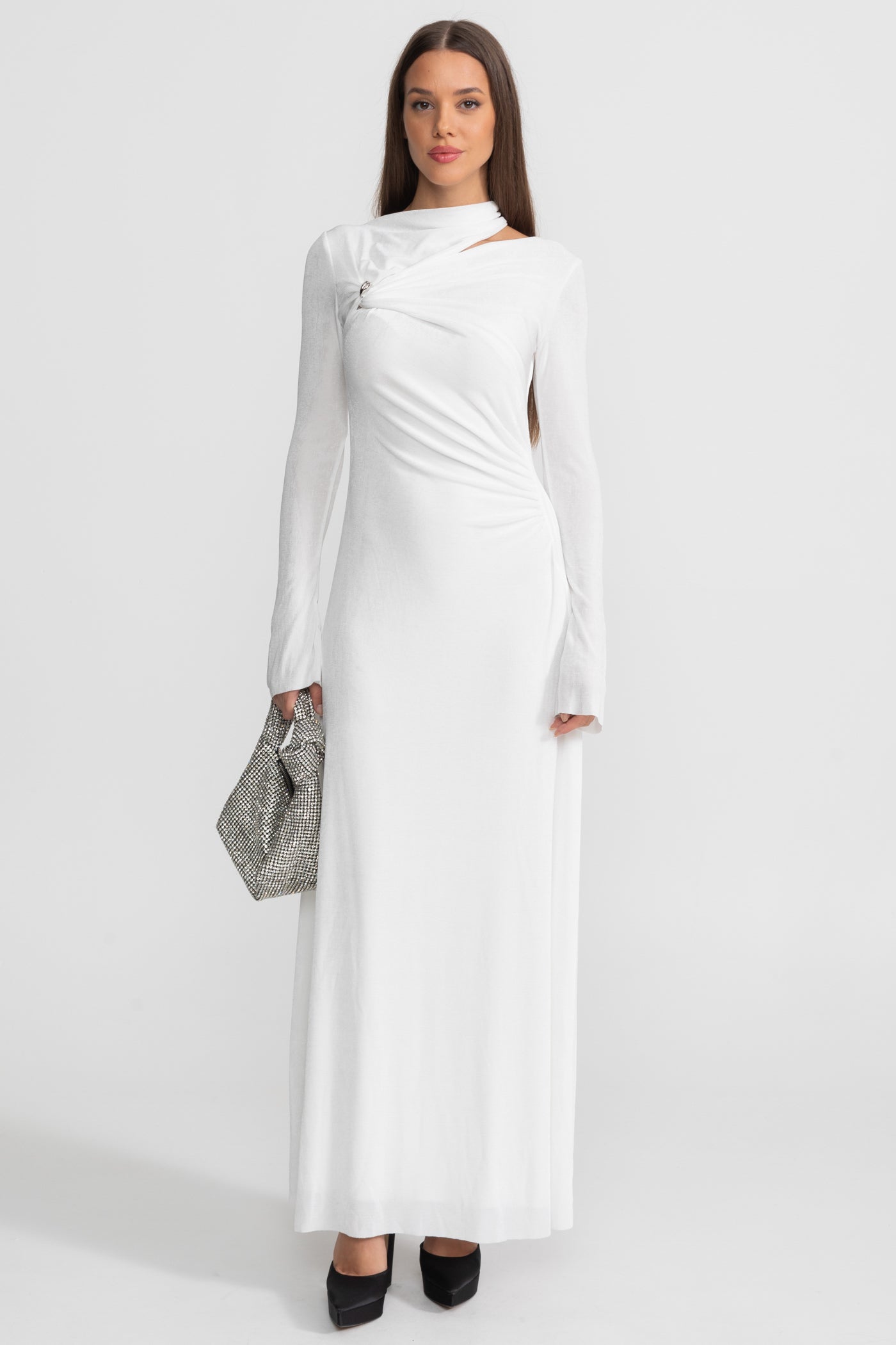Draped Maxi Dress with Cut-Out and Elegant Detail - White