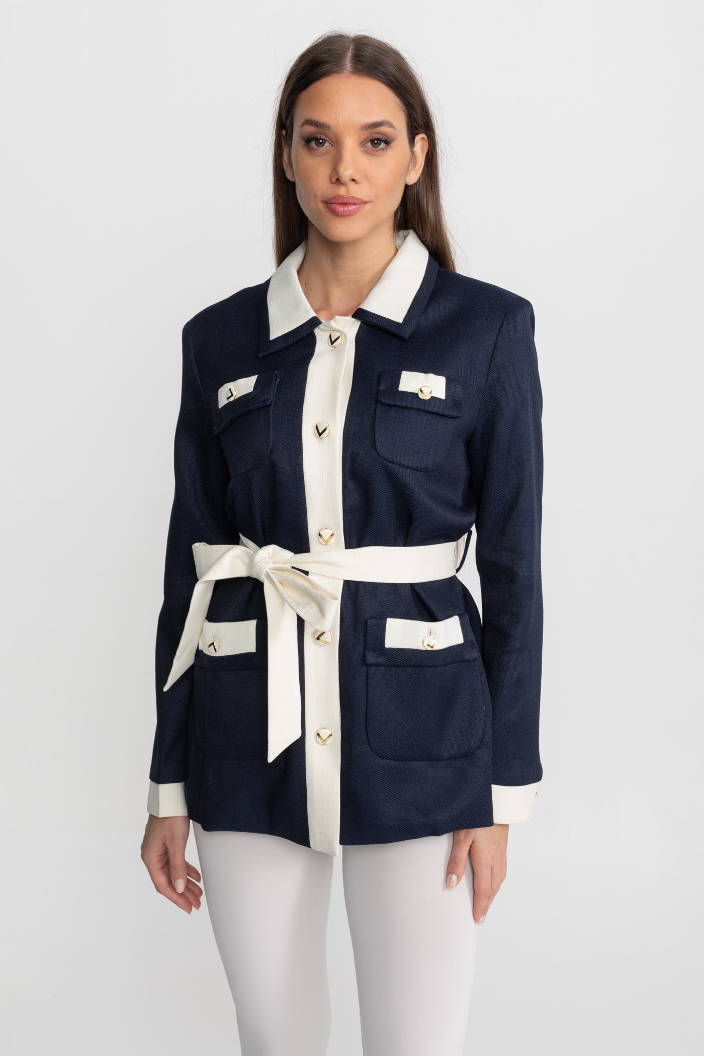 Two-Tone Tweed Jacket With Contrast Trim and Waist Belt – Navy