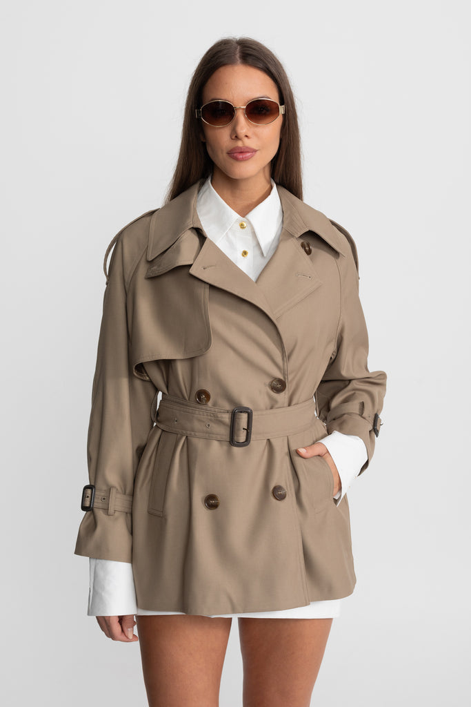 Klassischer doppelseitiger Trenchcoat mit Taillengürtel – Khaki 