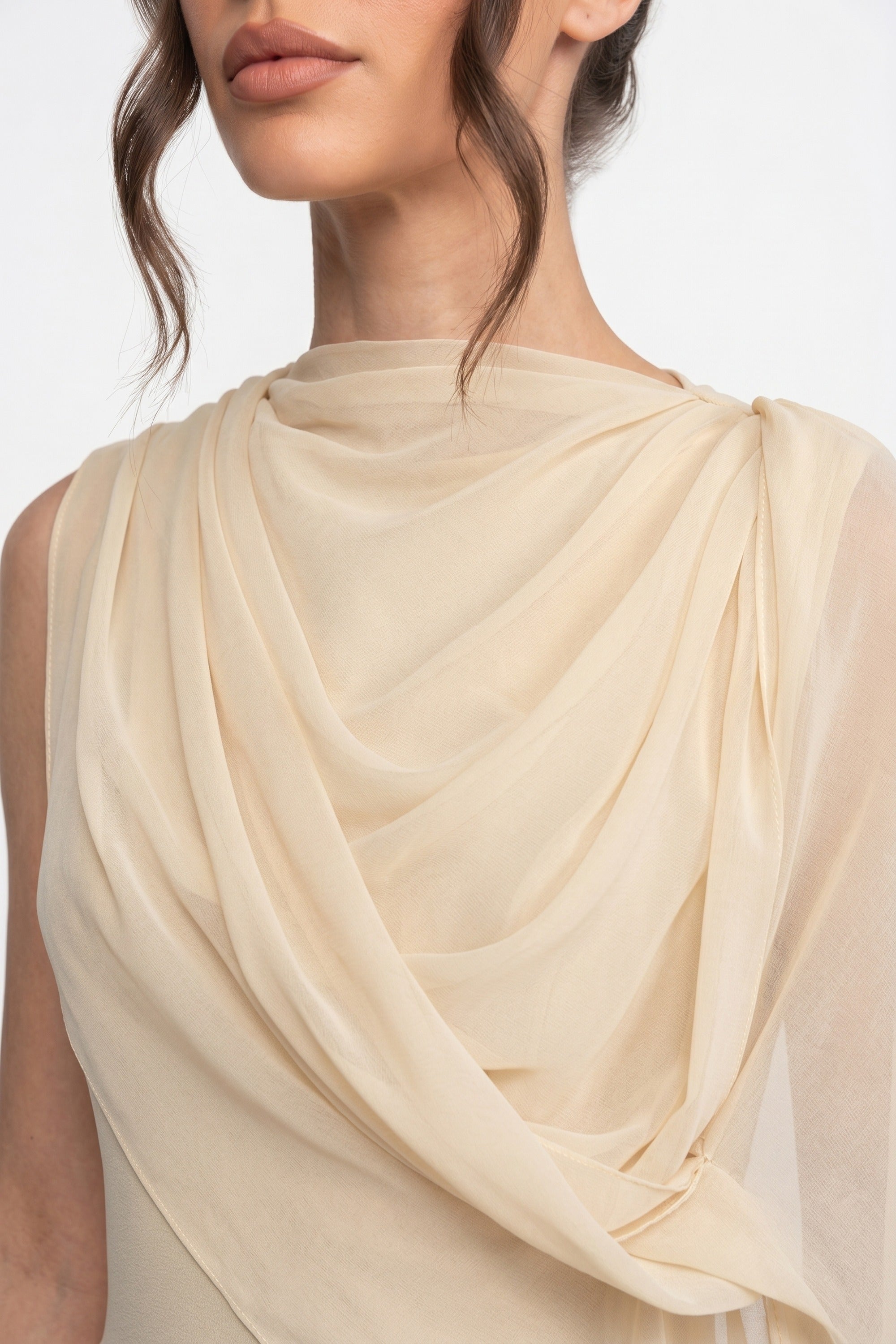 Maxikleid mit einer Schulter und Drapierung mit transparentem Schal-Detail - Gelb 