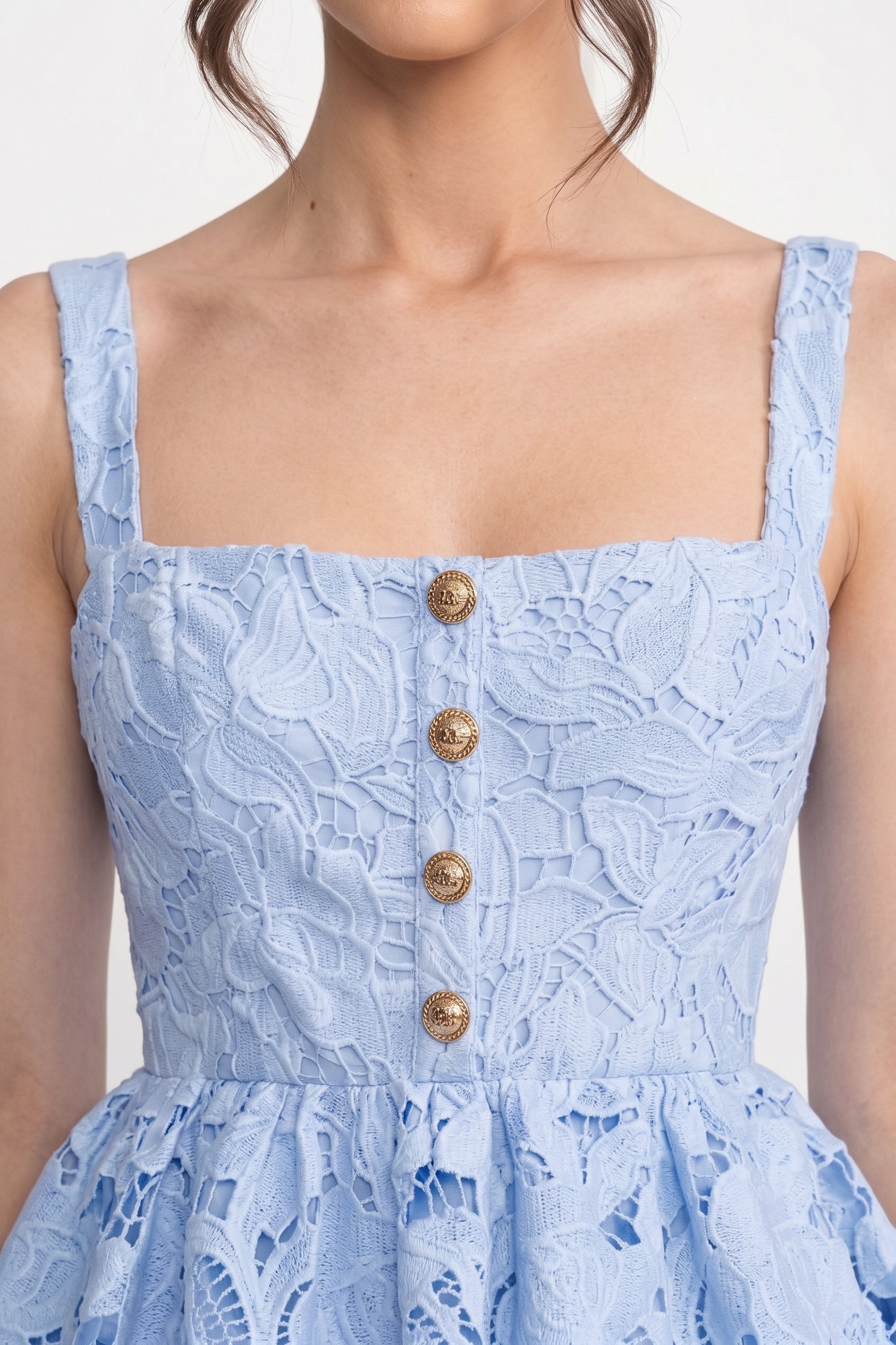 Ärmelloses Spitzen-Peplum-Kleid mit Midi-Rock und goldfarbenen Knöpfen - Blau 