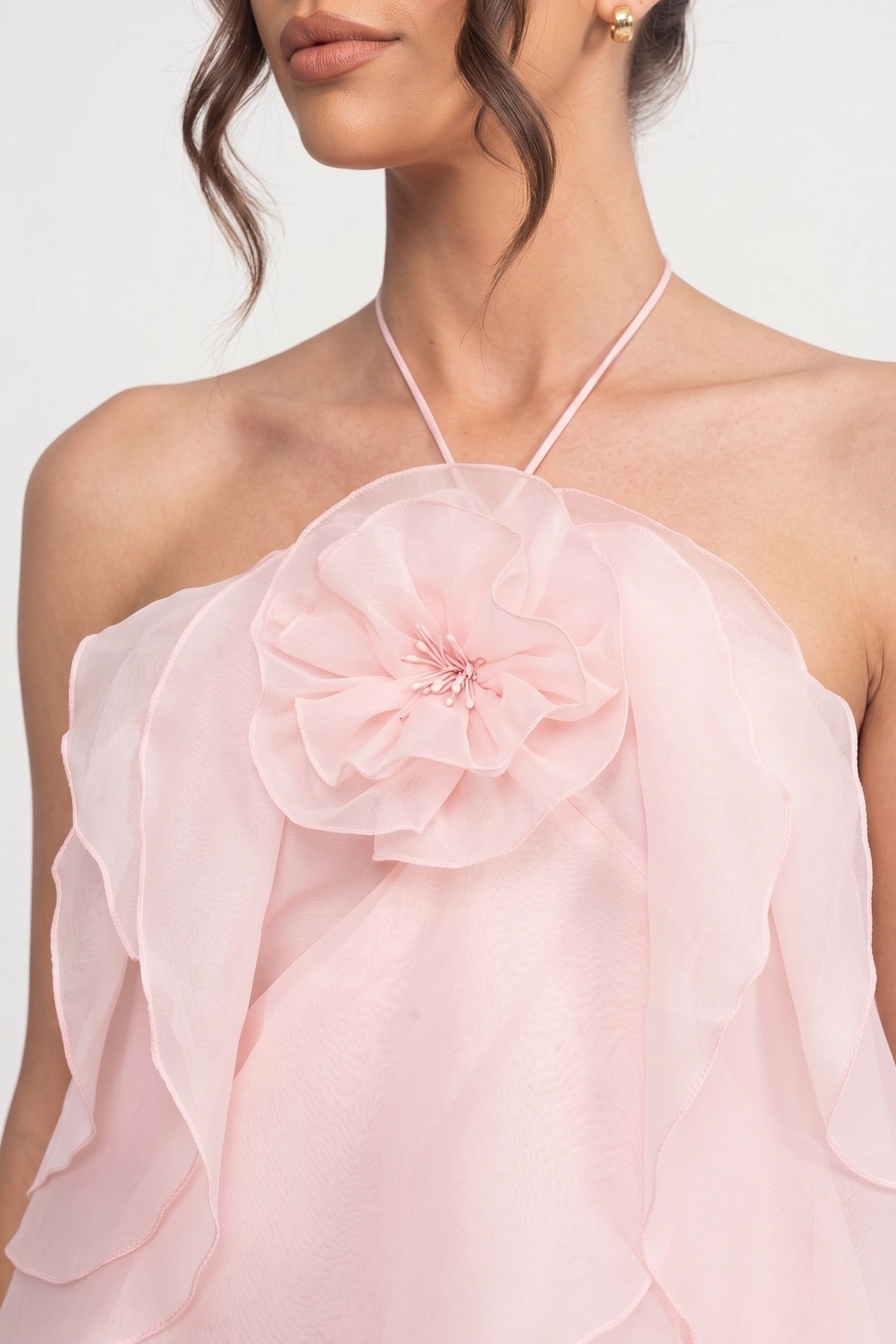 Gestuftes Rüschen-Minikleid mit 3D-Blumen-Halterkragen - Pink 