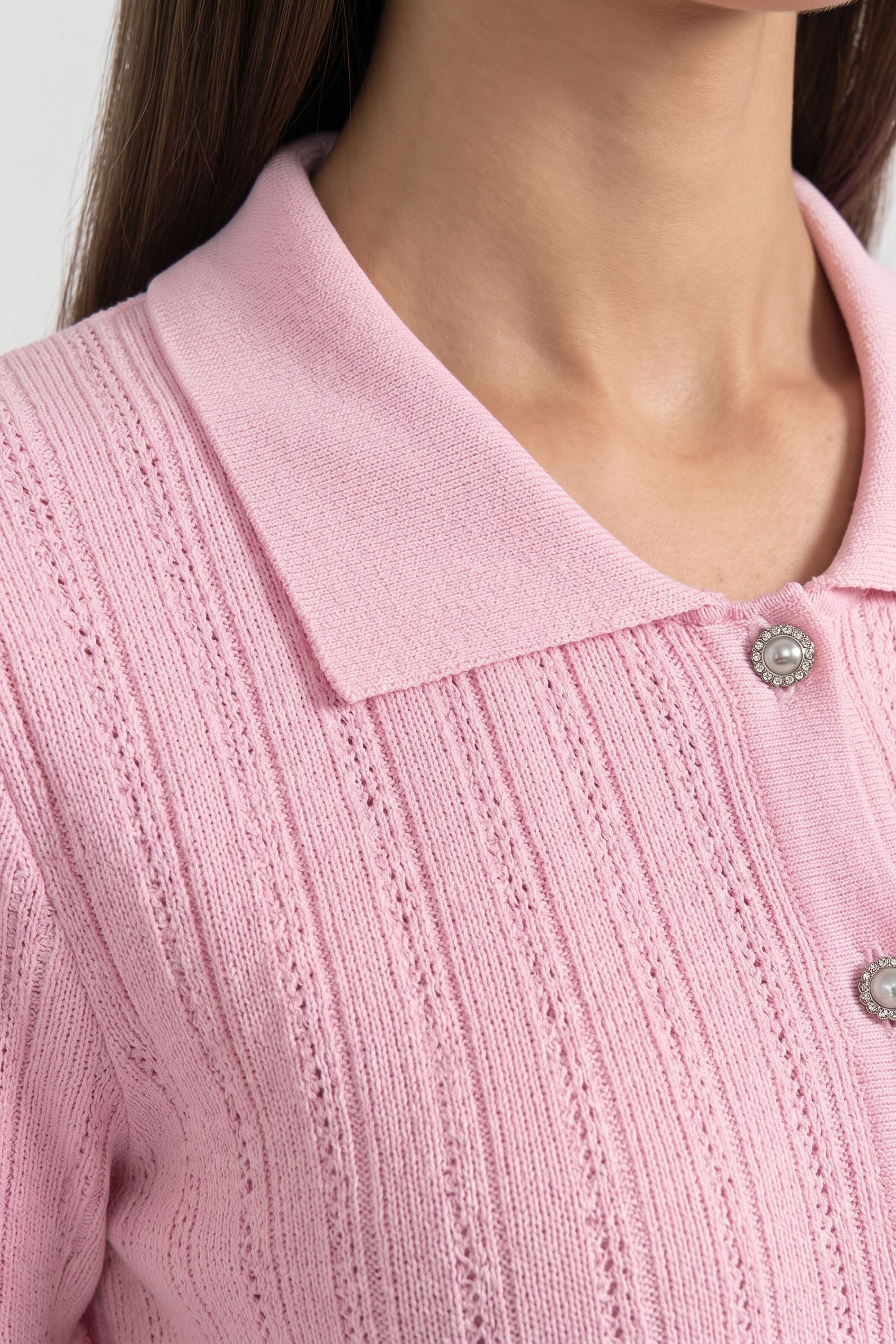 Strick-Maxikleid mit Peter-Pan-Kragen und Peplum mit Spitzensaum - Pink 