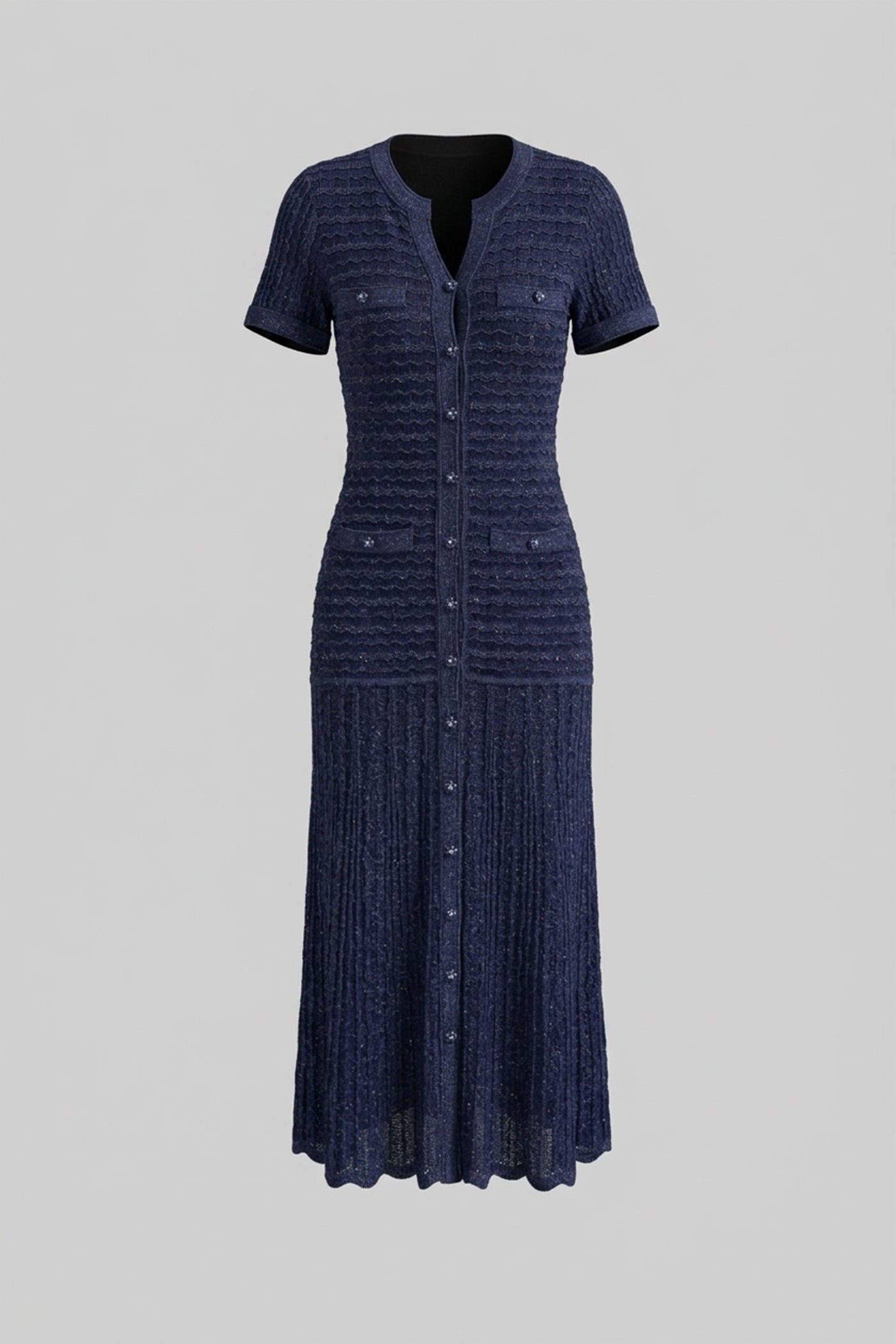 Midi-Kleid mit kurzen Ärmeln und schimmernder Strickstruktur - Navy 