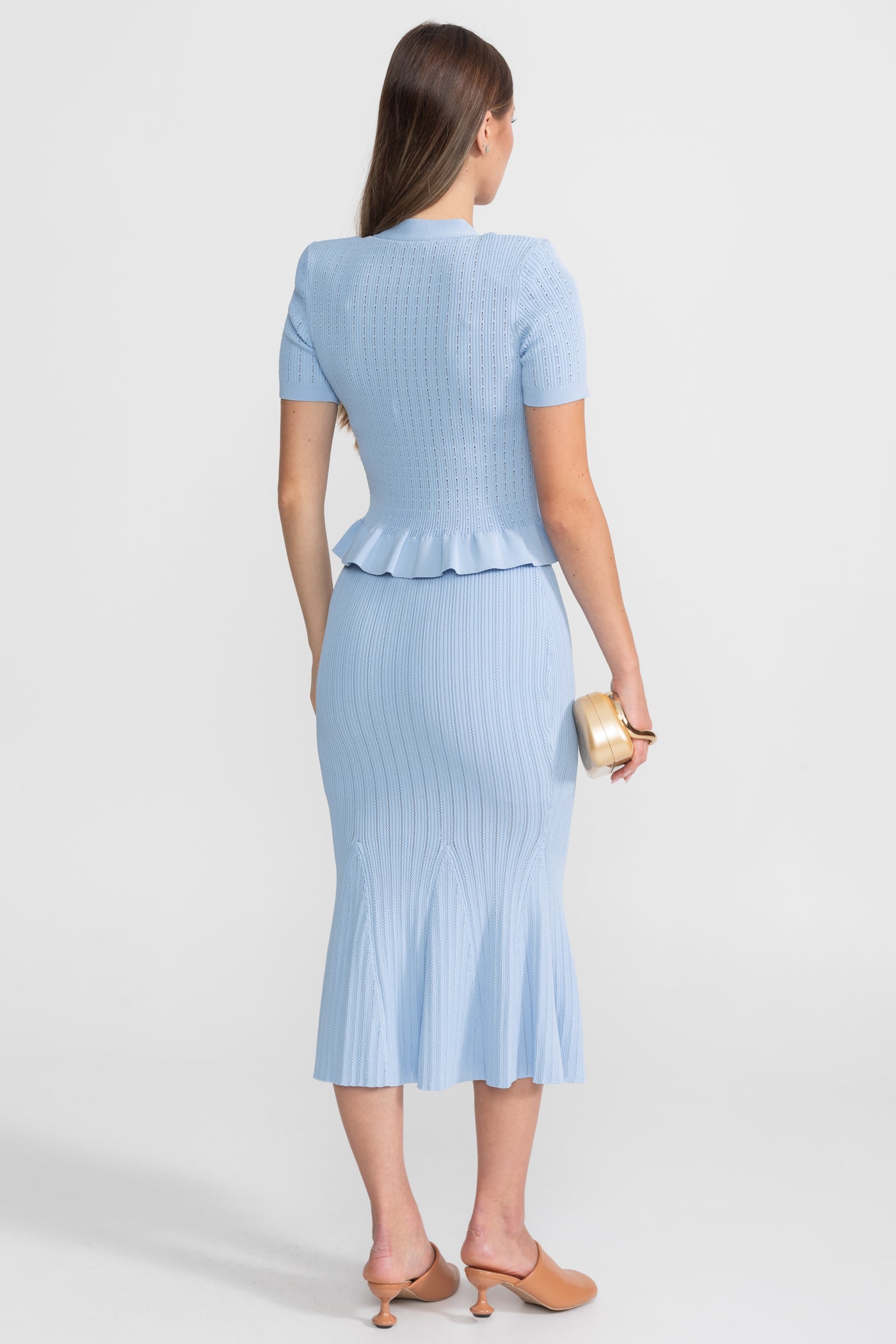 Knit Midi Co-Ord with Peplum Waist and Gold Buttons  – Baby Blue