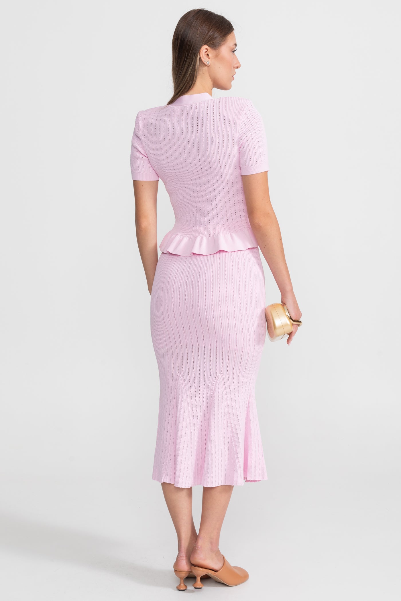 Knit Midi Co-Ord with Peplum Waist and Gold Buttons  – Pink
